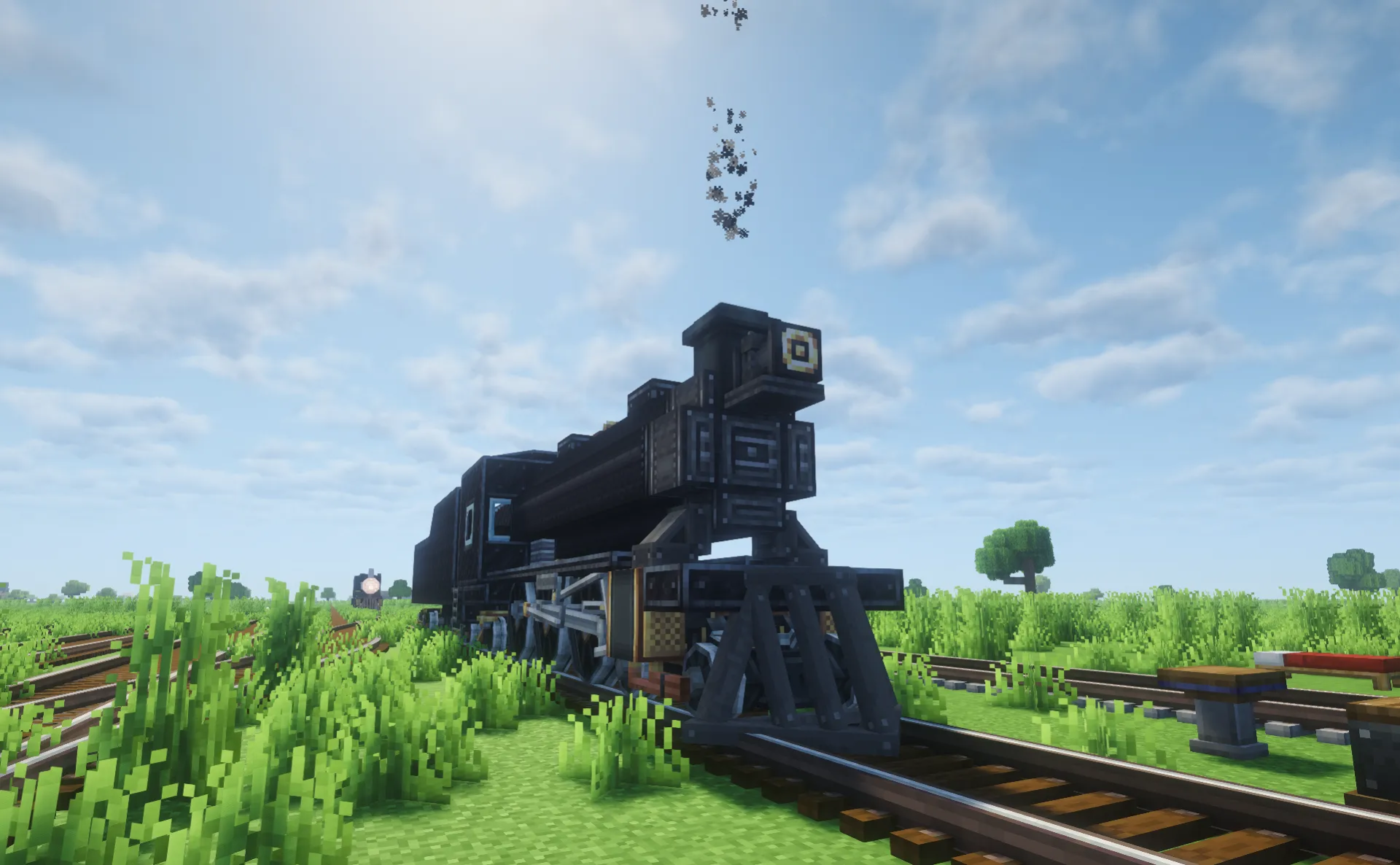A black steam locomotive emitting smoke on tracks in a Minecraft world