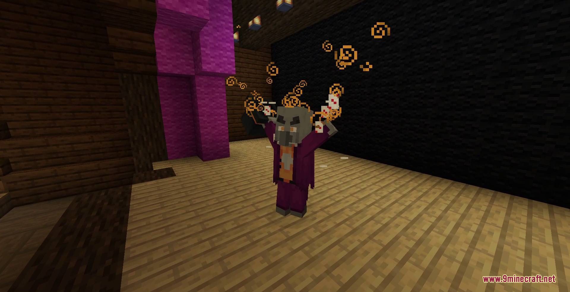 Fresh Illager Mod Compats Resource Pack Screenshot 1 The Conjurer mob performing a magic trick with cards and glowing particles