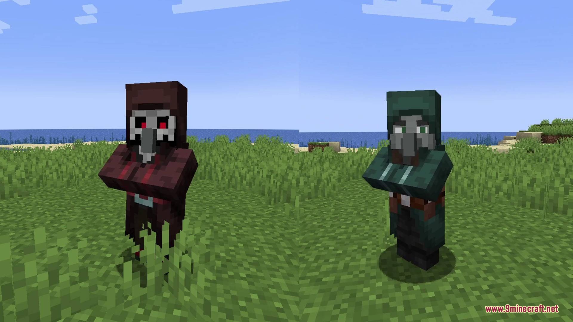 Fresh Illager Mod Compats Resource Pack Screenshot 2 Two custom illager variants standing in a grassy field under a blue sky