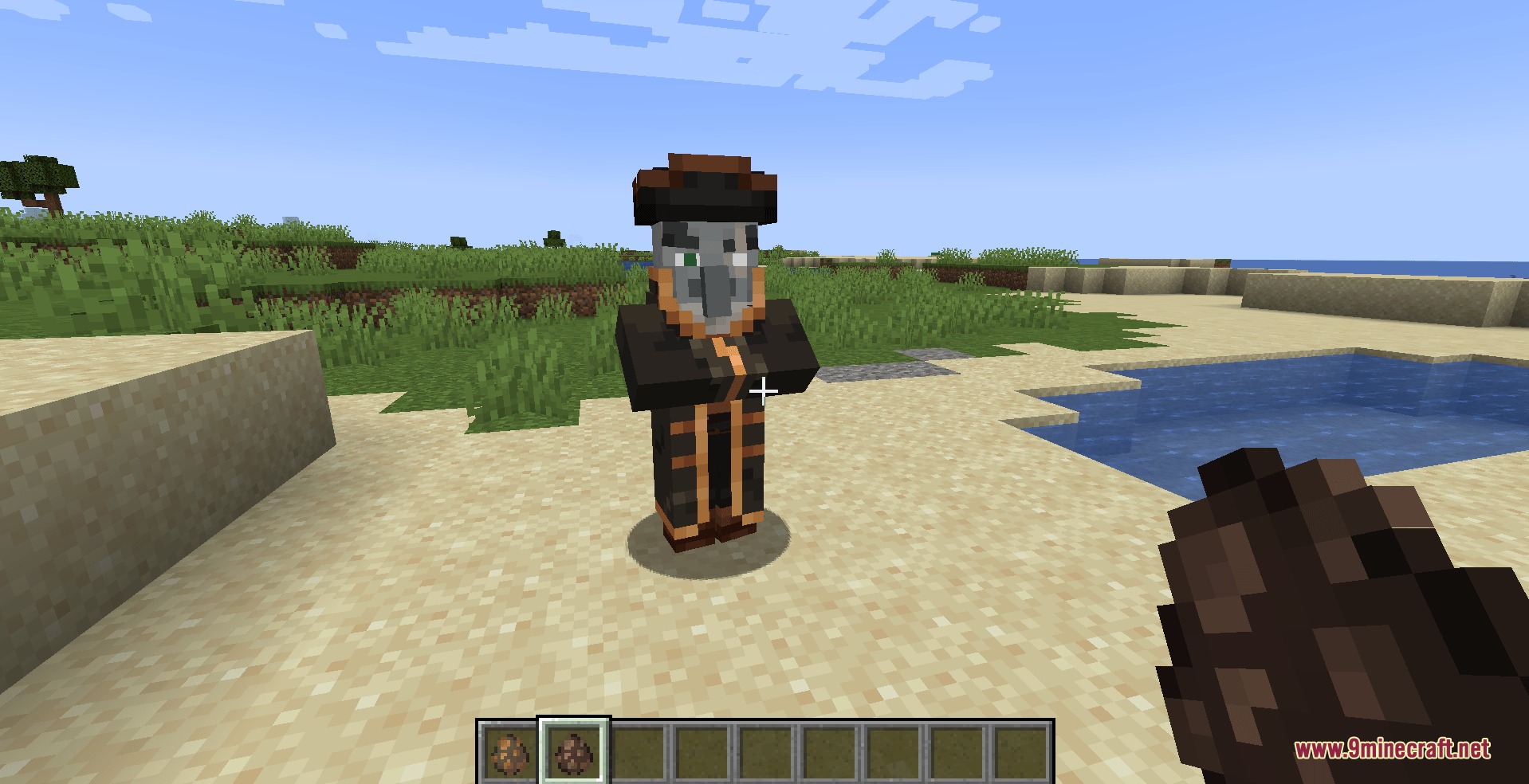 Fresh Illager Mod Compats Resource Pack Screenshot 3 A custom Illager wearing a pirate hat stands on a sandy beach