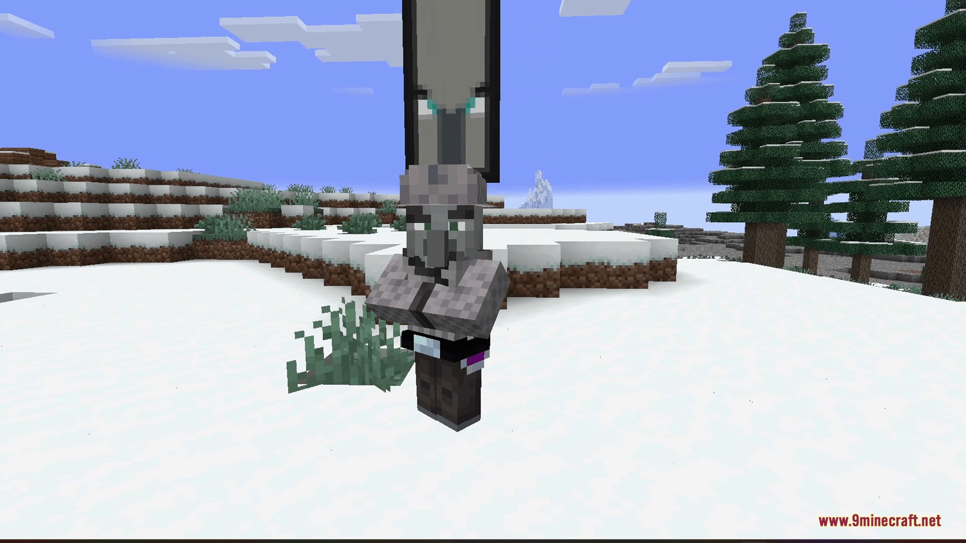 Fresh Illager Mod Compats Resource Pack Screenshot 4 A grey Illager mob carrying a large banner in a snowy forest landscape