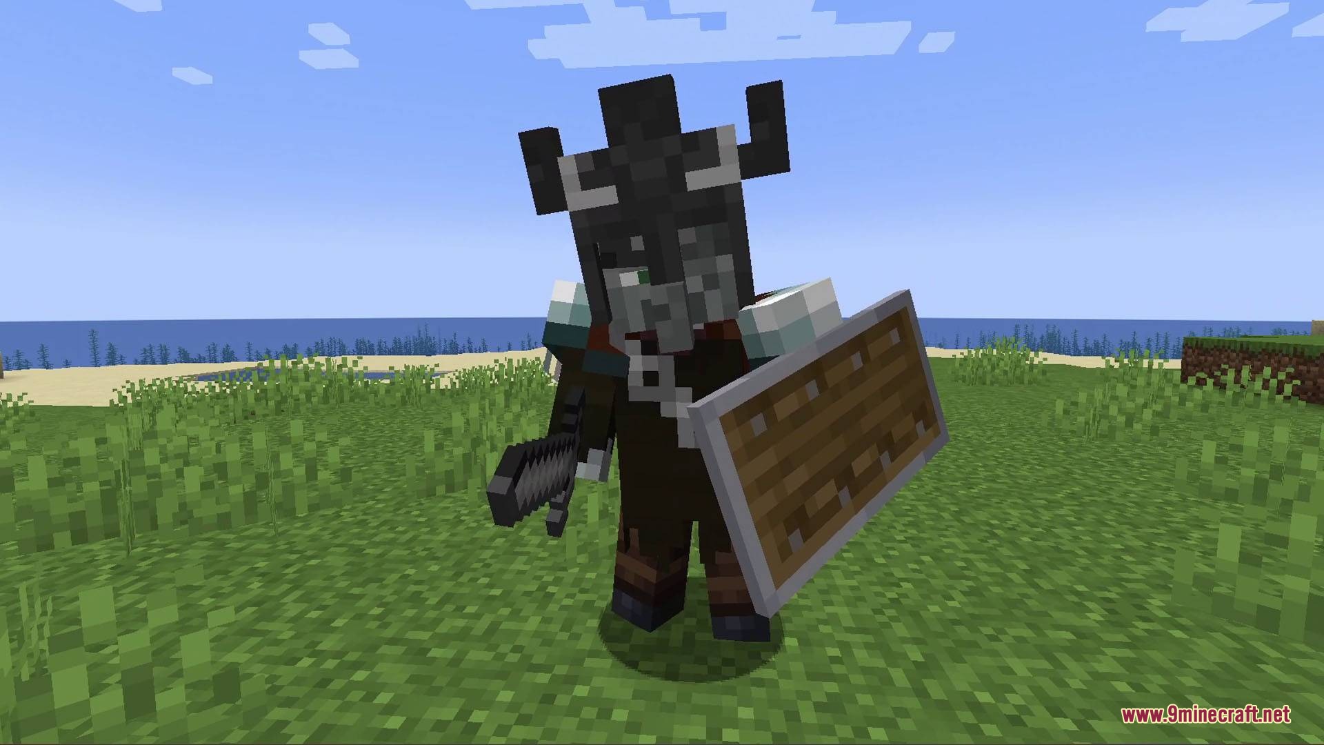 Fresh Illager Mod Compats Resource Pack Screenshot 6 A warrior Illager with a horned helmet holds a sword and shield