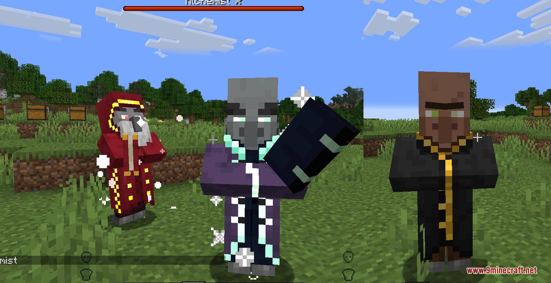 Fresh Illager Mod Compats Resource Pack Screenshot 7 Three custom Illager mobs with unique robes standing in a field