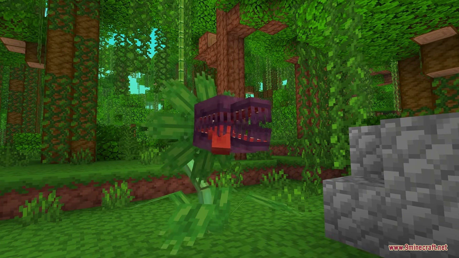 Fresh Mowzie's Mobs Textures Resource Pack Screenshot 1 A purple carnivorous Foliaath plant monster with sharp teeth in a jungle