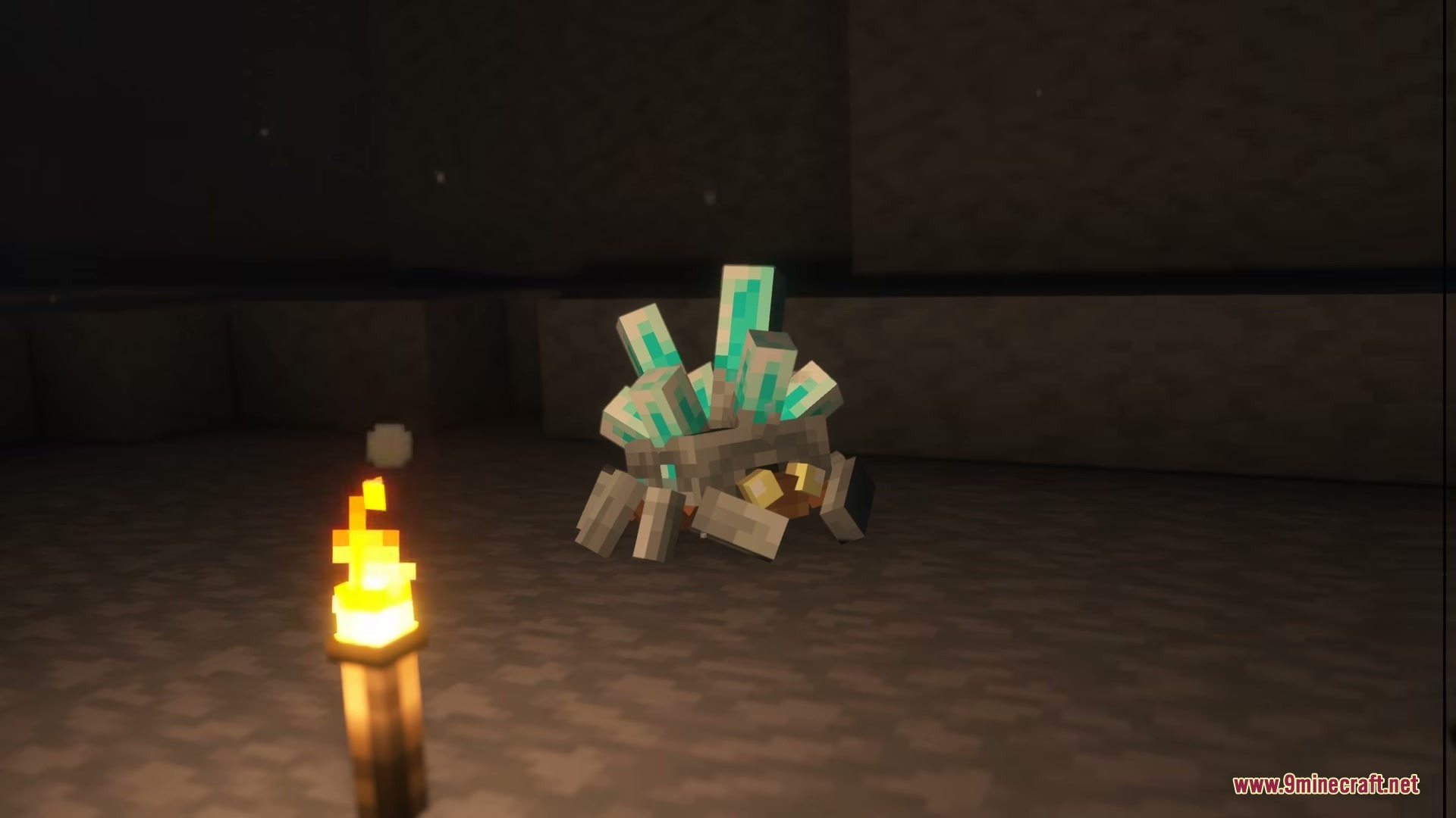 Fresh Mowzie's Mobs Textures Resource Pack Screenshot 2 A small crystal covered Grottol creature standing near a torch in a cave