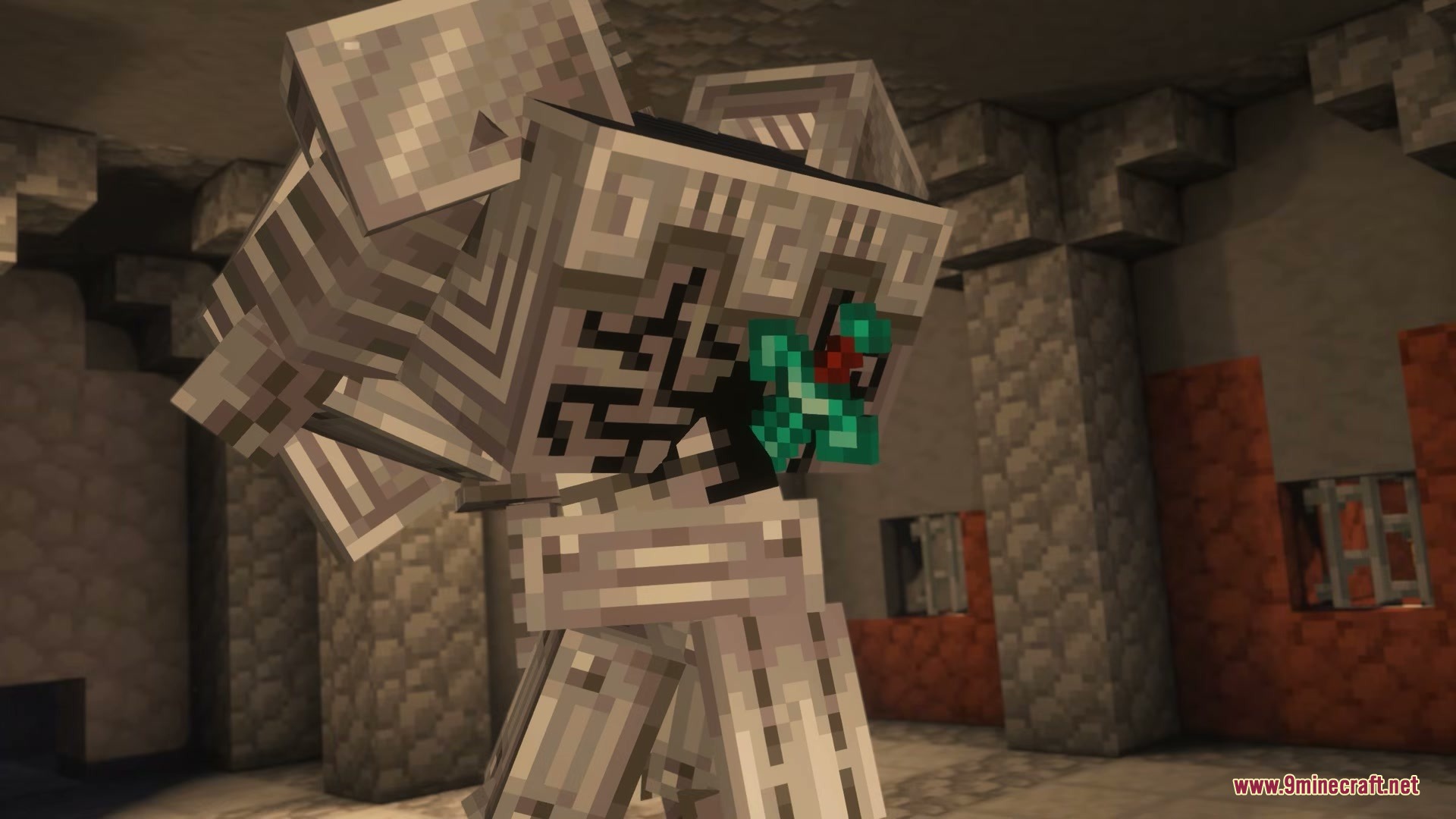Fresh Mowzie's Mobs Textures Resource Pack Screenshot 3 The Ferrous Wroughtnaut boss with updated textures holding a player in a dungeon