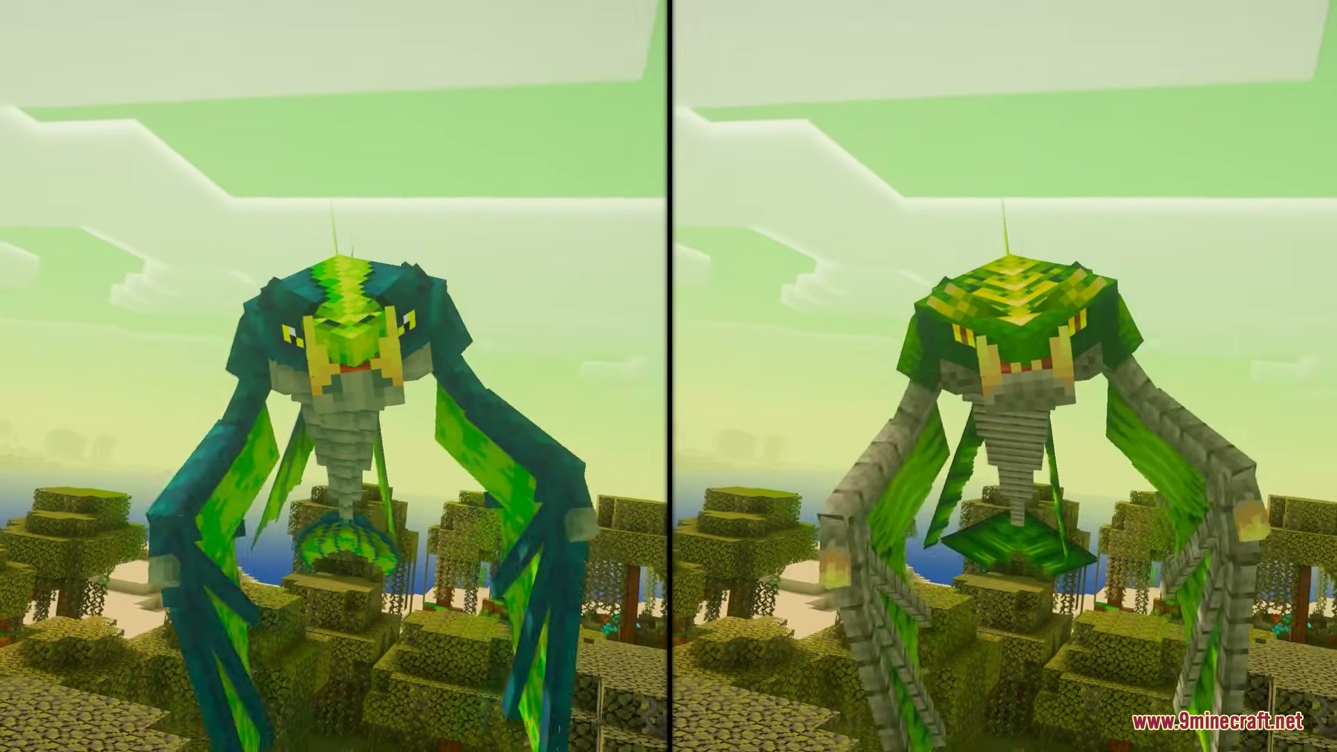Fresh Mowzie's Mobs Textures Resource Pack Screenshot 4 Side by side comparison of new Naga textures over a green forest biome