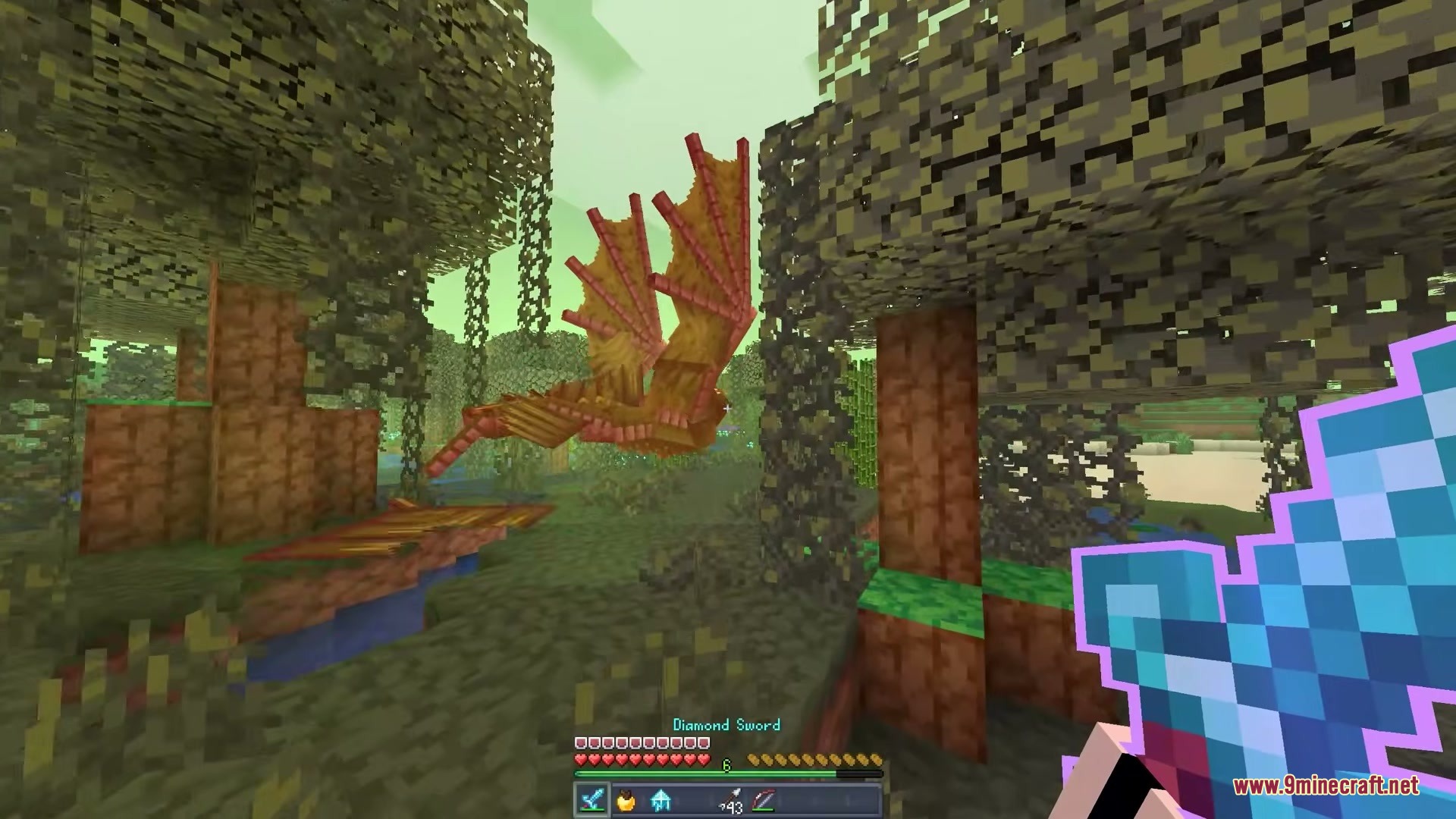 Fresh Mowzie's Mobs Textures Resource Pack Screenshot 5 A player holding a diamond sword looks at a large winged Naga creature