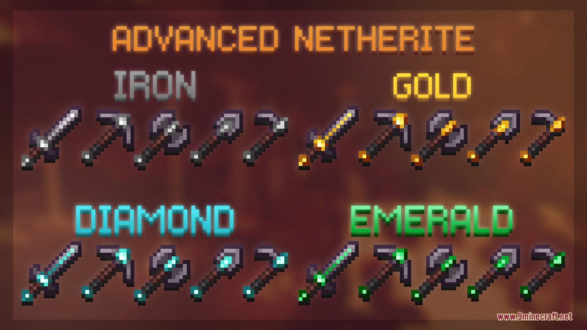 Fresh Weapons & Tools Compat Resource Pack Screenshot 1 Advanced netherite tool sets featuring iron gold diamond and emerald accents