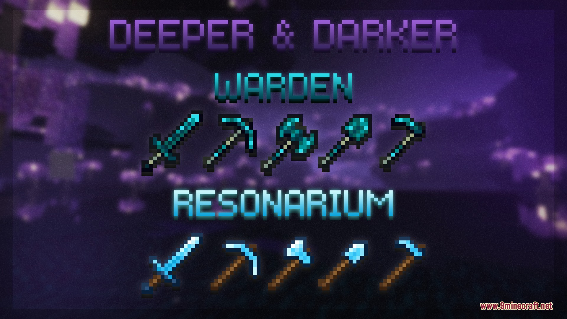 Fresh Weapons & Tools Compat Resource Pack Screenshot 2 Warden and resonarium equipment sets displayed against a dark purple background