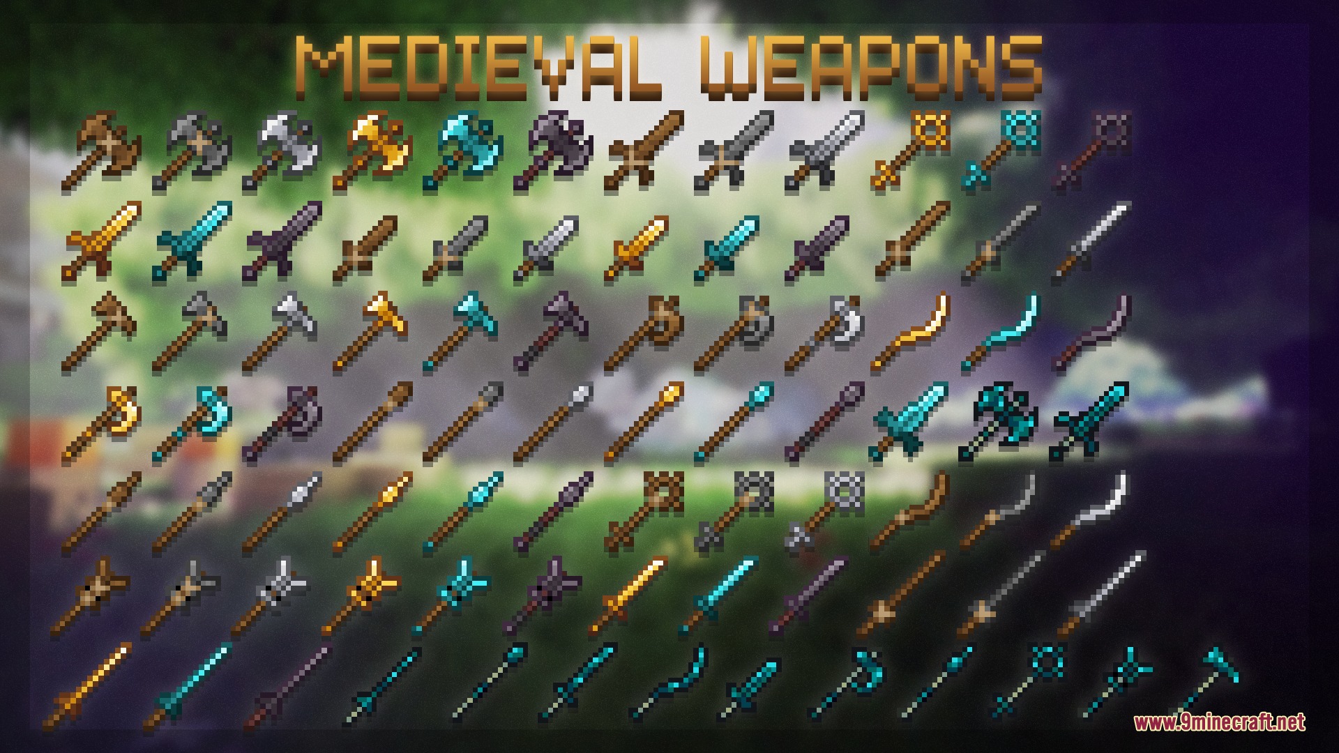 Fresh Weapons & Tools Compat Resource Pack Screenshot 3 A large collection of medieval weapons displayed in rows with different material tiers