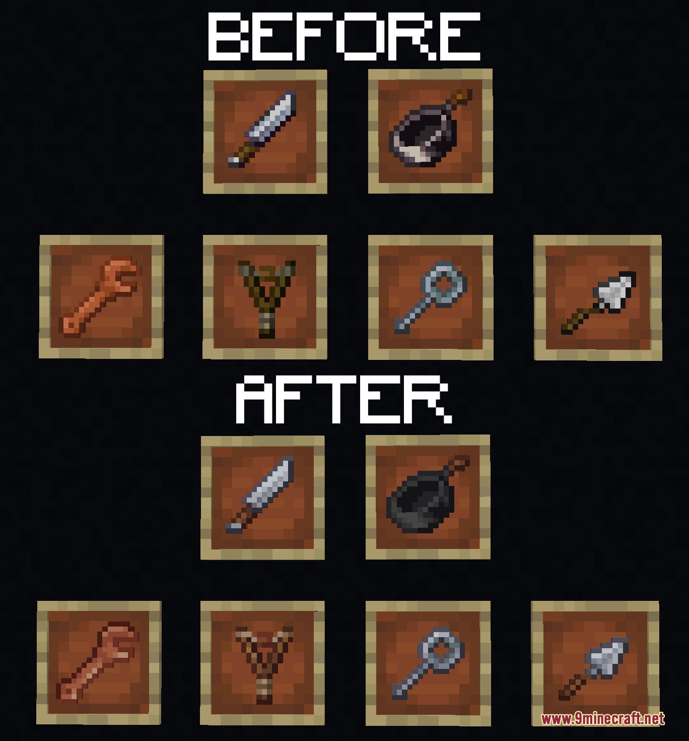 Fresh Weapons & Tools Compat Resource Pack Screenshot 4 Comparison of tool textures before and after using Fresh Weapons and Tools Compat pack