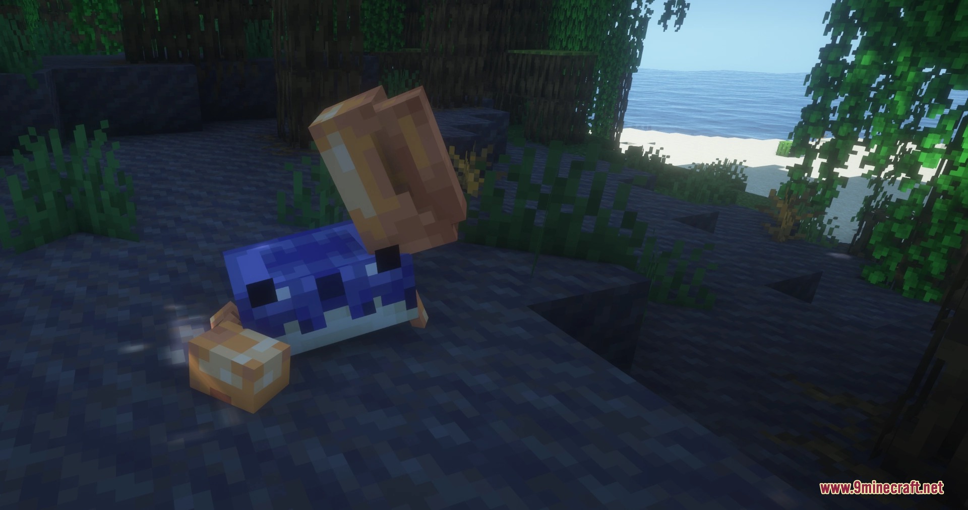 Friends&Foes Forge Neo Forge Mod Screenshot 1 A blue crab with a large orange claw stands on dark mud