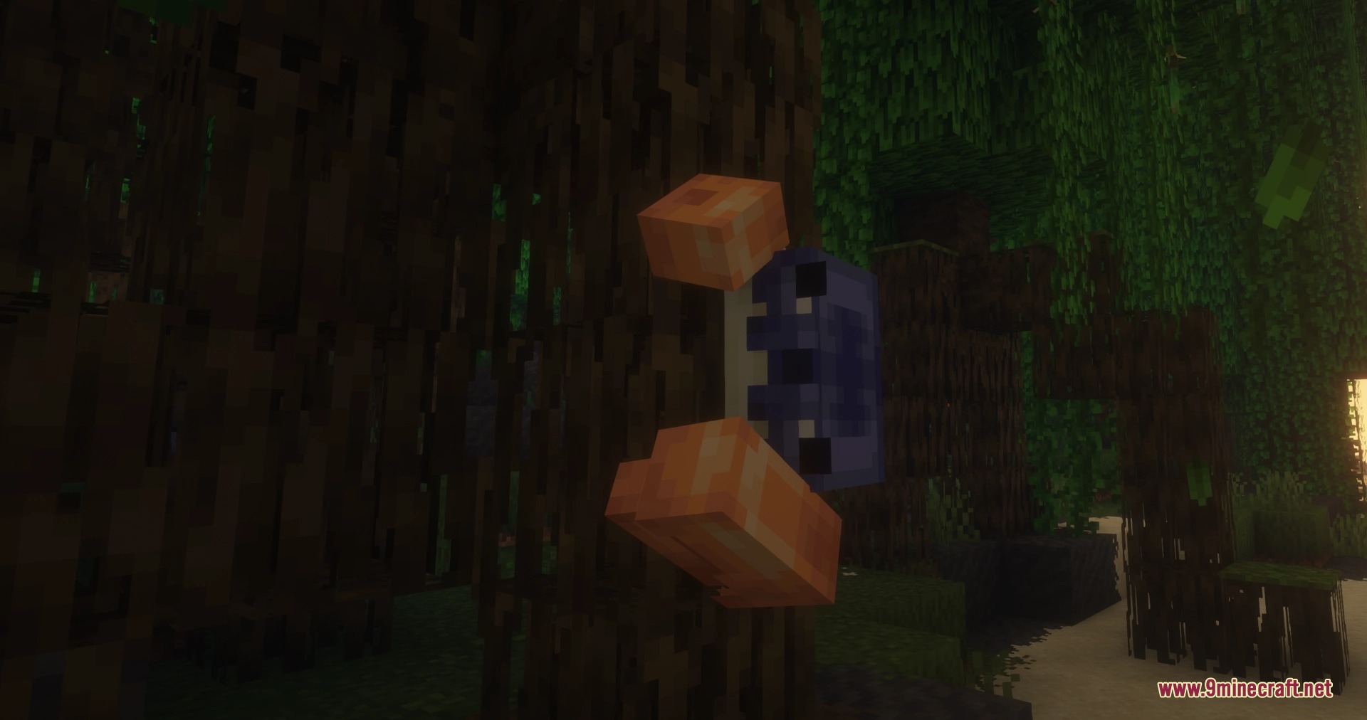 Friends&Foes Forge Neo Forge Mod Screenshot 2 A blue crab with orange claws climbs up a dark mangrove tree
