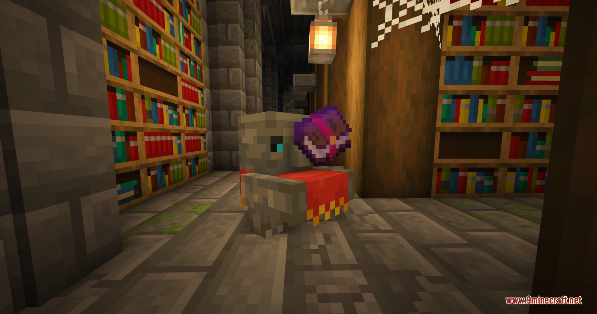 Friends&Foes Forge Neo Forge Mod Screenshot 3 A Tuff Golem holding an enchanted book inside a dark library
