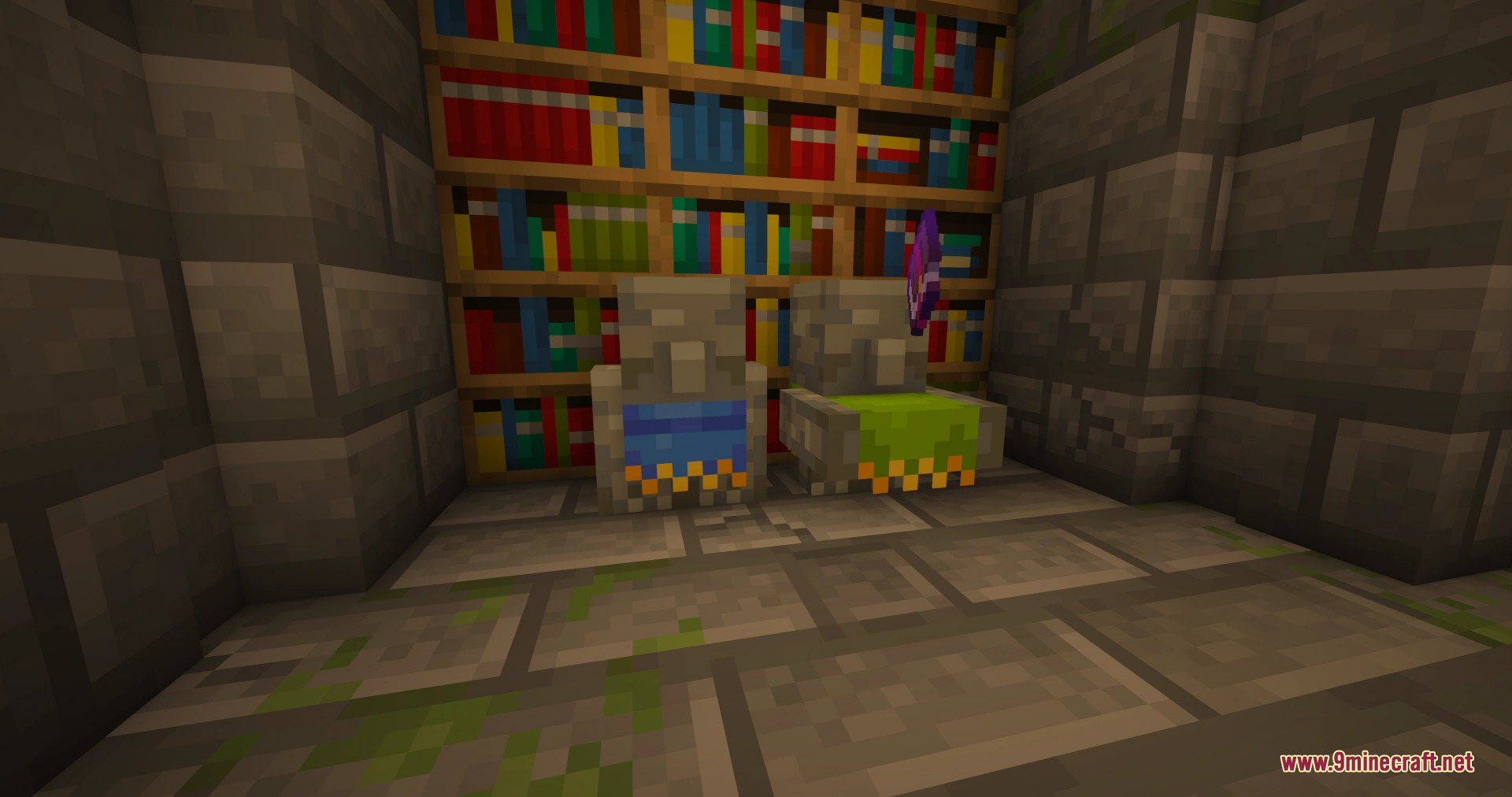Friends&Foes Forge Neo Forge Mod Screenshot 4 Two Tuff Golems with blue and green wool standing near bookshelves