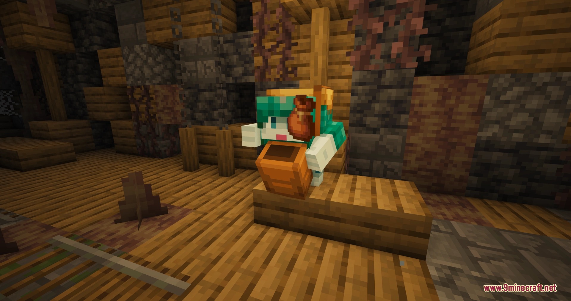 Friends&Foes Forge Neo Forge Mod Screenshot 5 A Rascal mob holding a bundle inside a dark wooden mineshaft