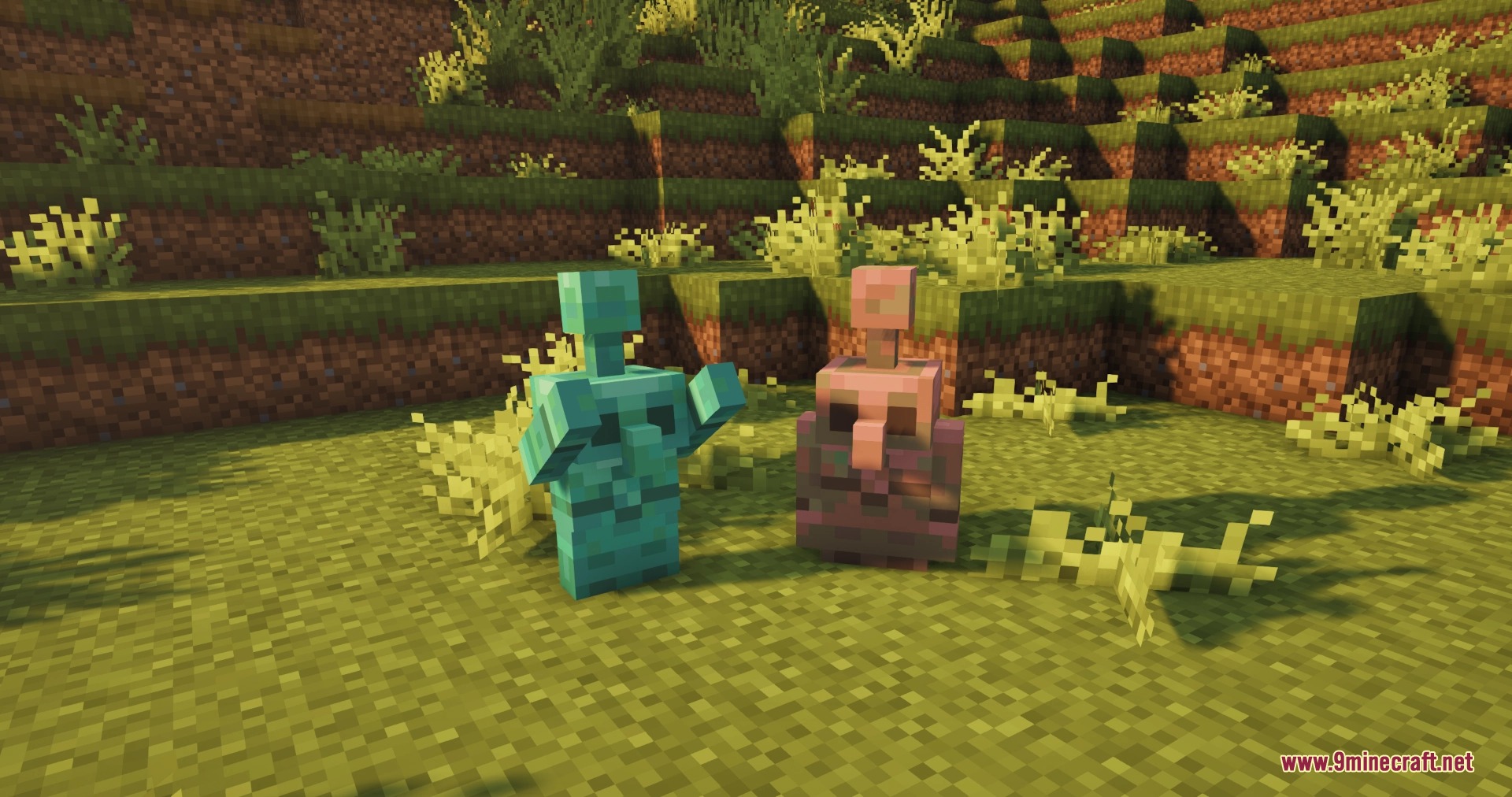Friends&Foes Forge Neo Forge Mod Screenshot 7 Two small copper golems standing together on a grassy field