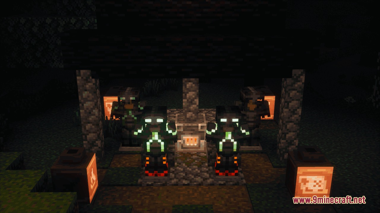 Fringe Essence Utility Mod Screenshot 1 Armor stands showcasing glowing armor trim effects in a dark stone building