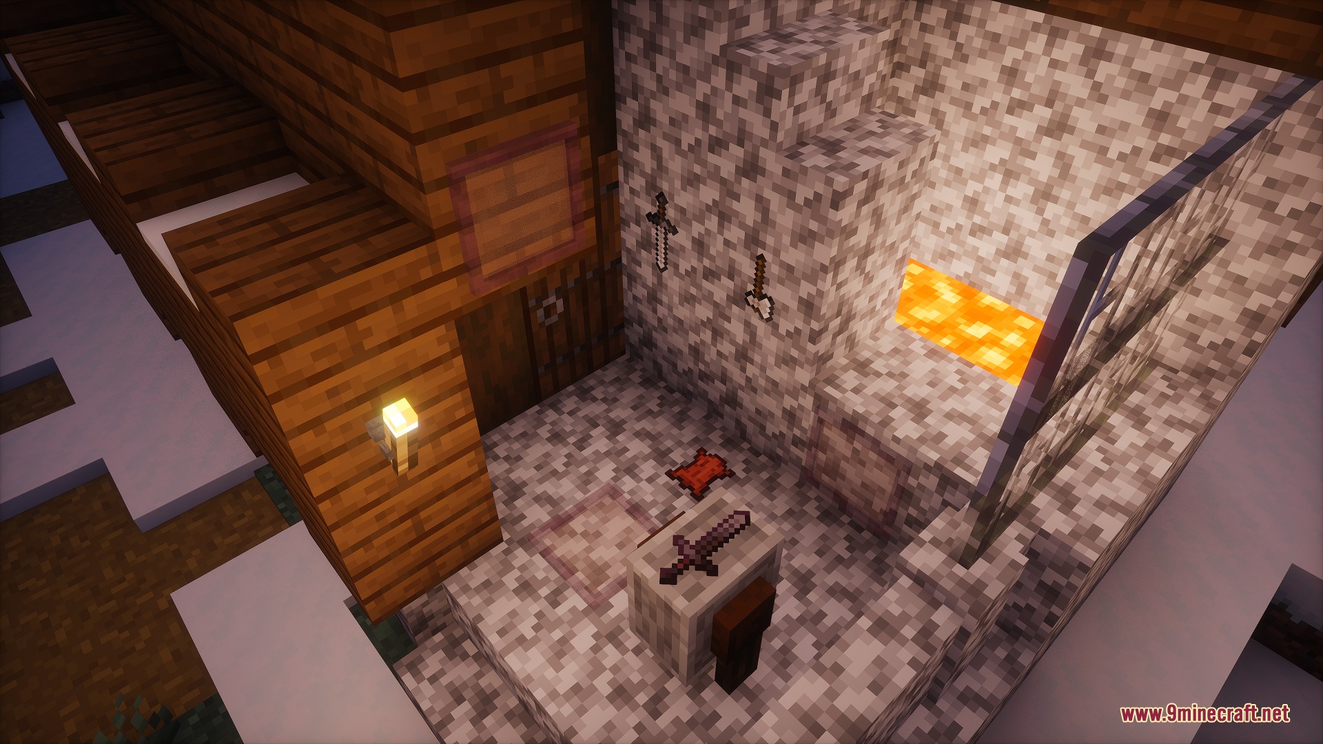 Fringe Essence Utility Mod Screenshot 2 A cobblestone room with items on the floor and swords on the wall