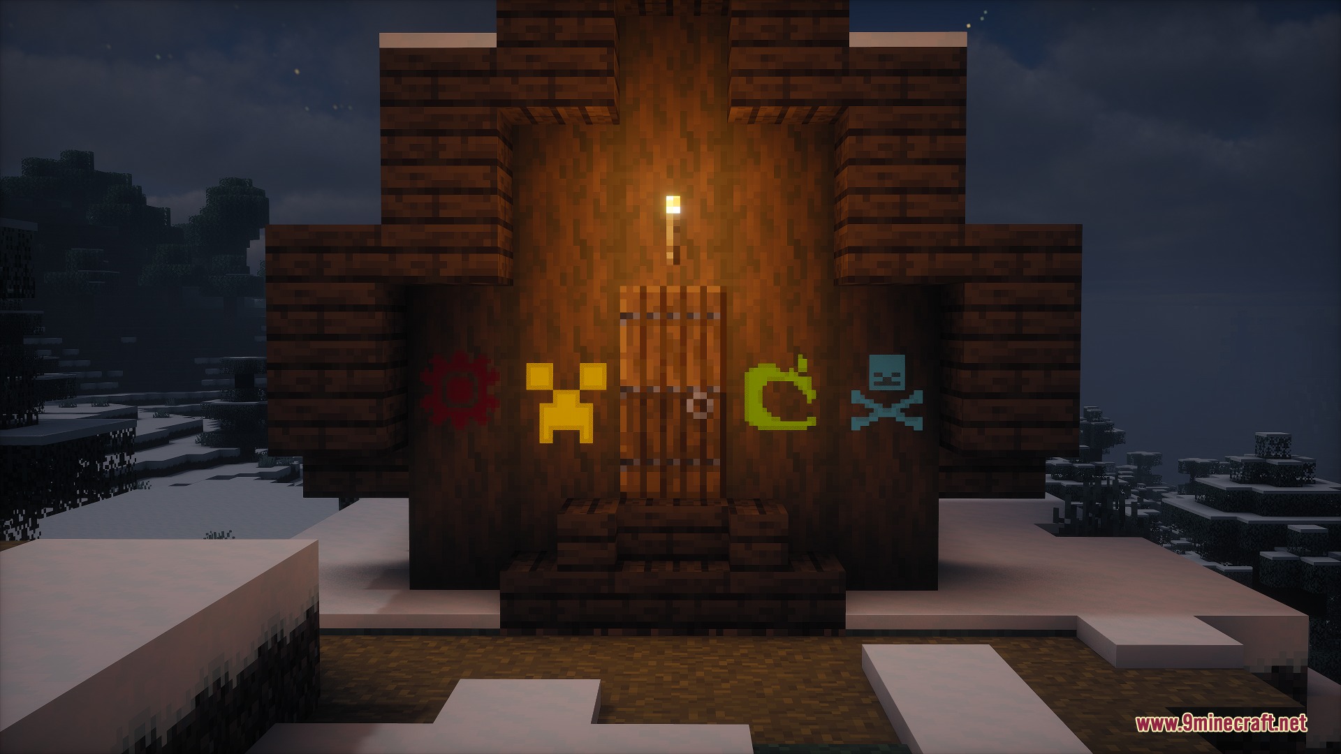 Fringe Essence Utility Mod Screenshot 3 Glowing banner patterns displayed on a dark wooden wall in a snowy landscape