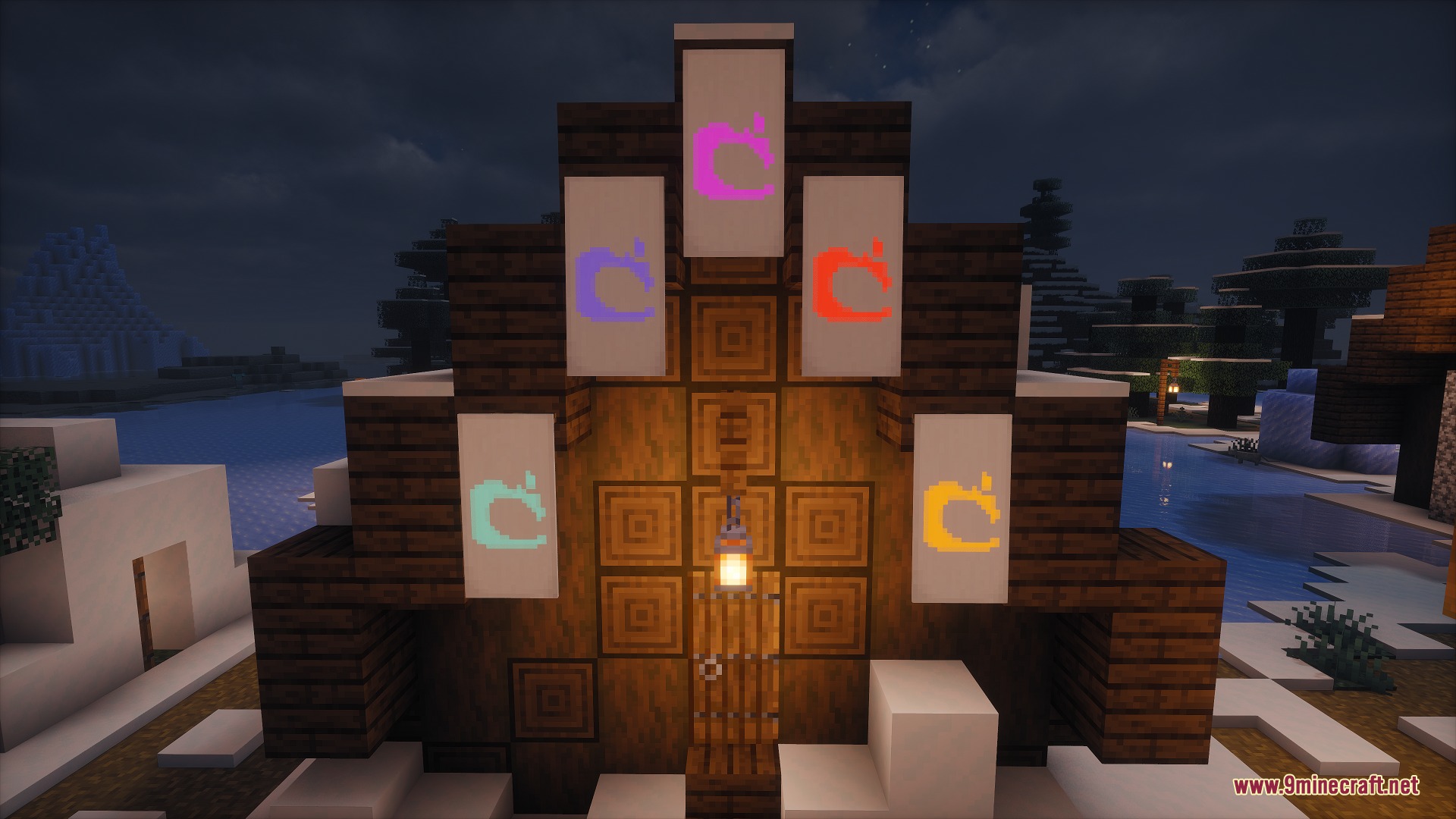 Fringe Essence Utility Mod Screenshot 4 White banners with colorful glowing logos hanging on a wooden house at night