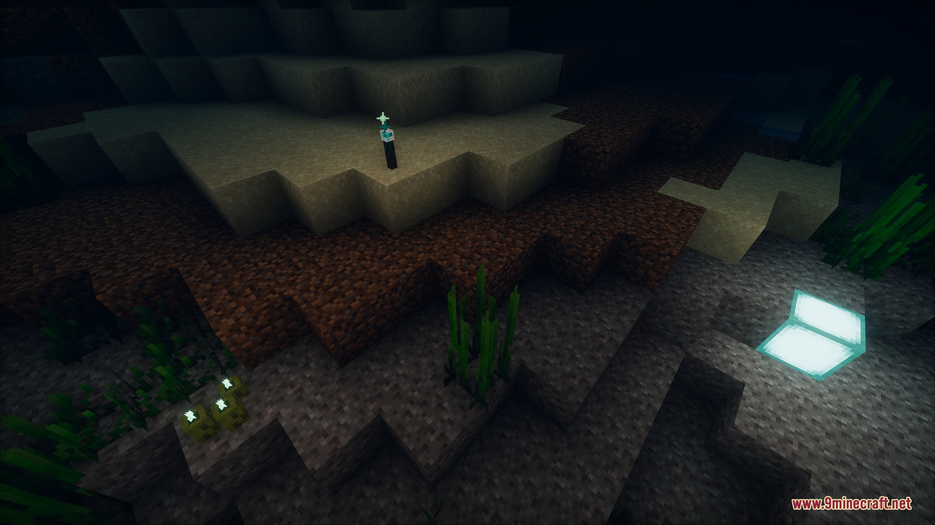 Fringe Essence Utility Mod Screenshot 5 Placing a waterproof glow torch to illuminate the dark ocean floor terrain