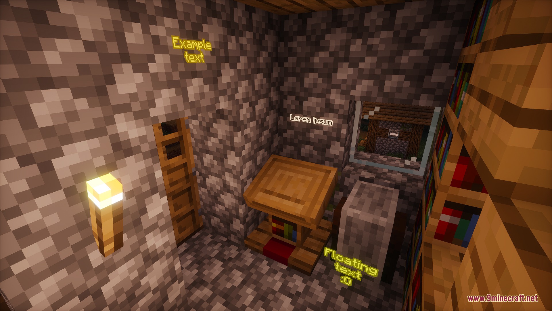 Fringe Essence Utility Mod Screenshot 6 Displaying custom floating text labels inside a small cobblestone room interior