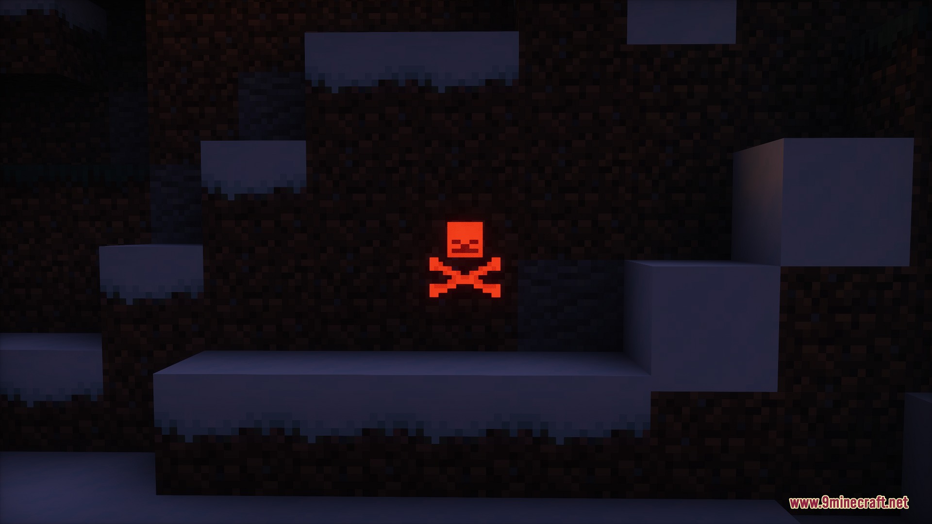 Fringe Essence Utility Mod Screenshot 7 A glowing red skull and crossbones banner pattern in a dark cave