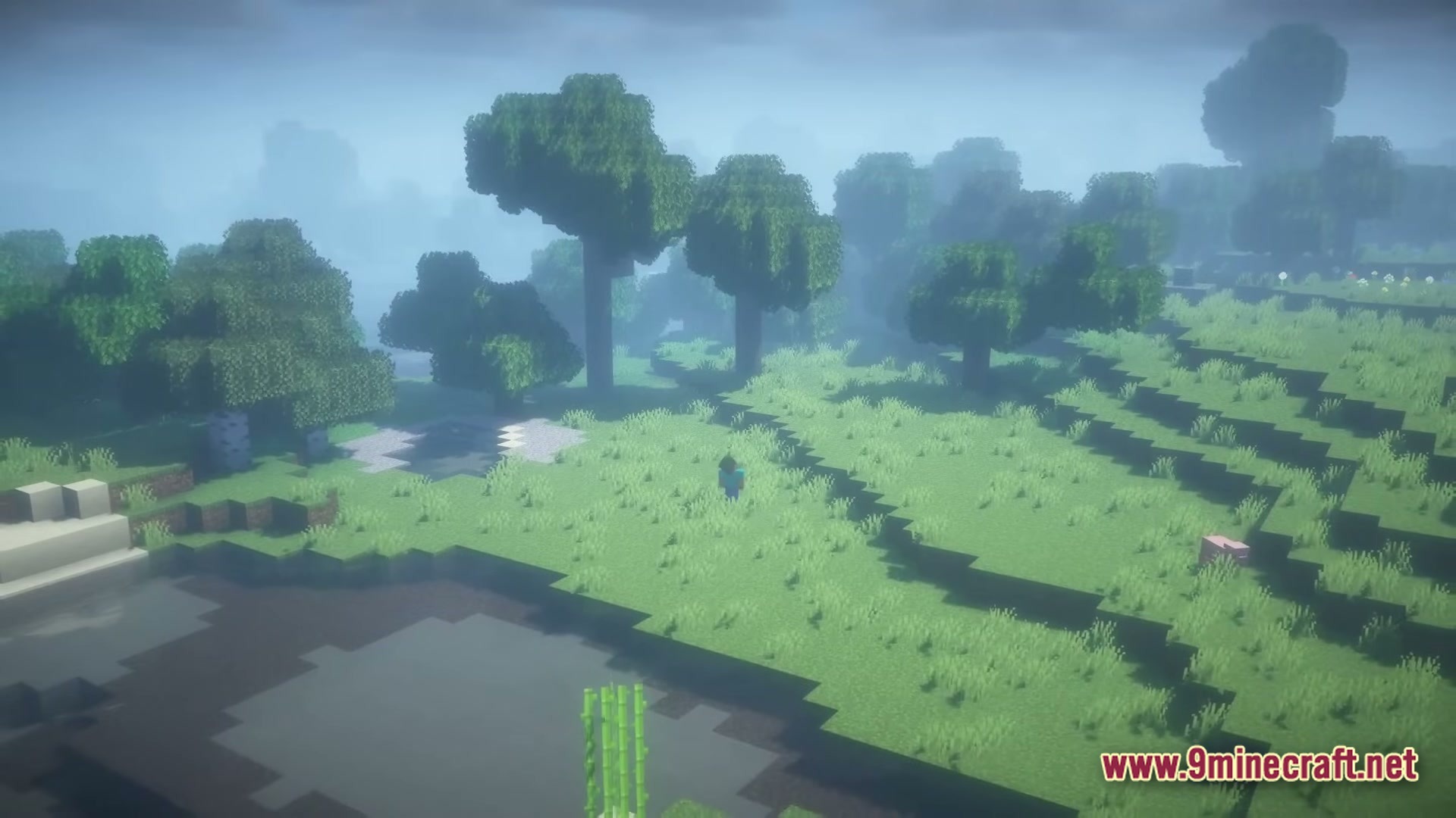 From The Fog Modpack Screenshot 1 A distant Herobrine figure stands in a foggy Minecraft forest biome with shaders enabled