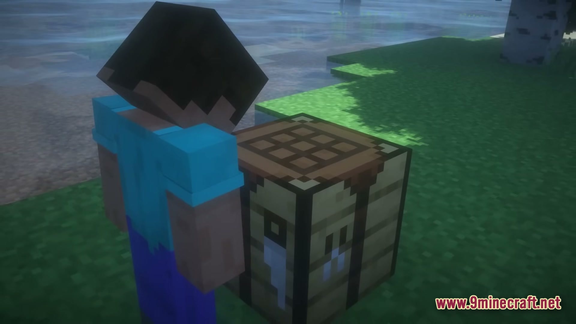 From The Fog Modpack Screenshot 2 Herobrine stands over a crafting table in a grassy biome near a body of water
