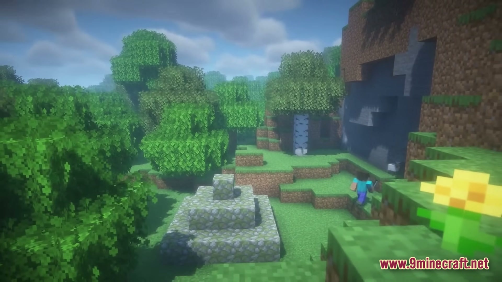 From The Fog Modpack Screenshot 3 Herobrine stands near a mossy cobblestone pyramid in a forest biome with shaders enabled