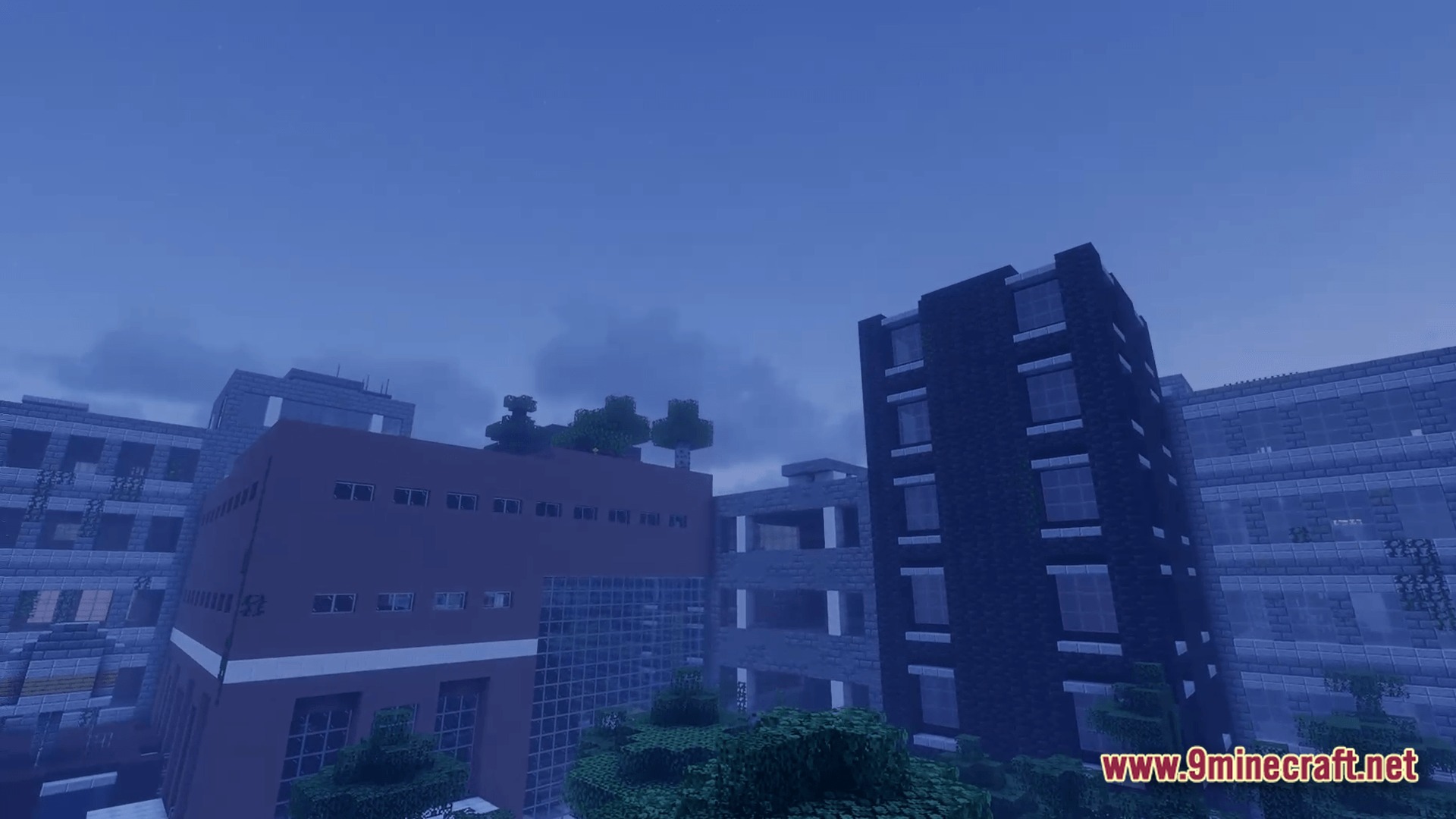From The Fog Modpack Screenshot 7 Large abandoned modern buildings and skyscrapers stand under a dark, foggy sky in a city biome