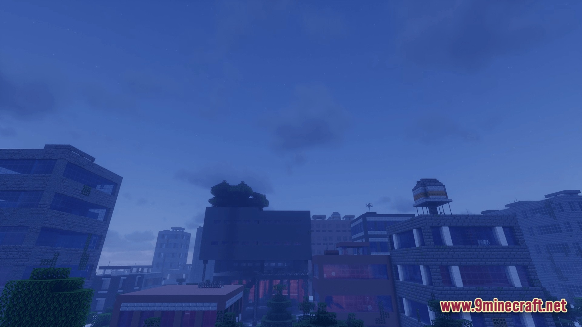 From The Fog Modpack Screenshot 8 A sprawling urban cityscape featuring multiple stone and glass buildings under a dark, overcast sky