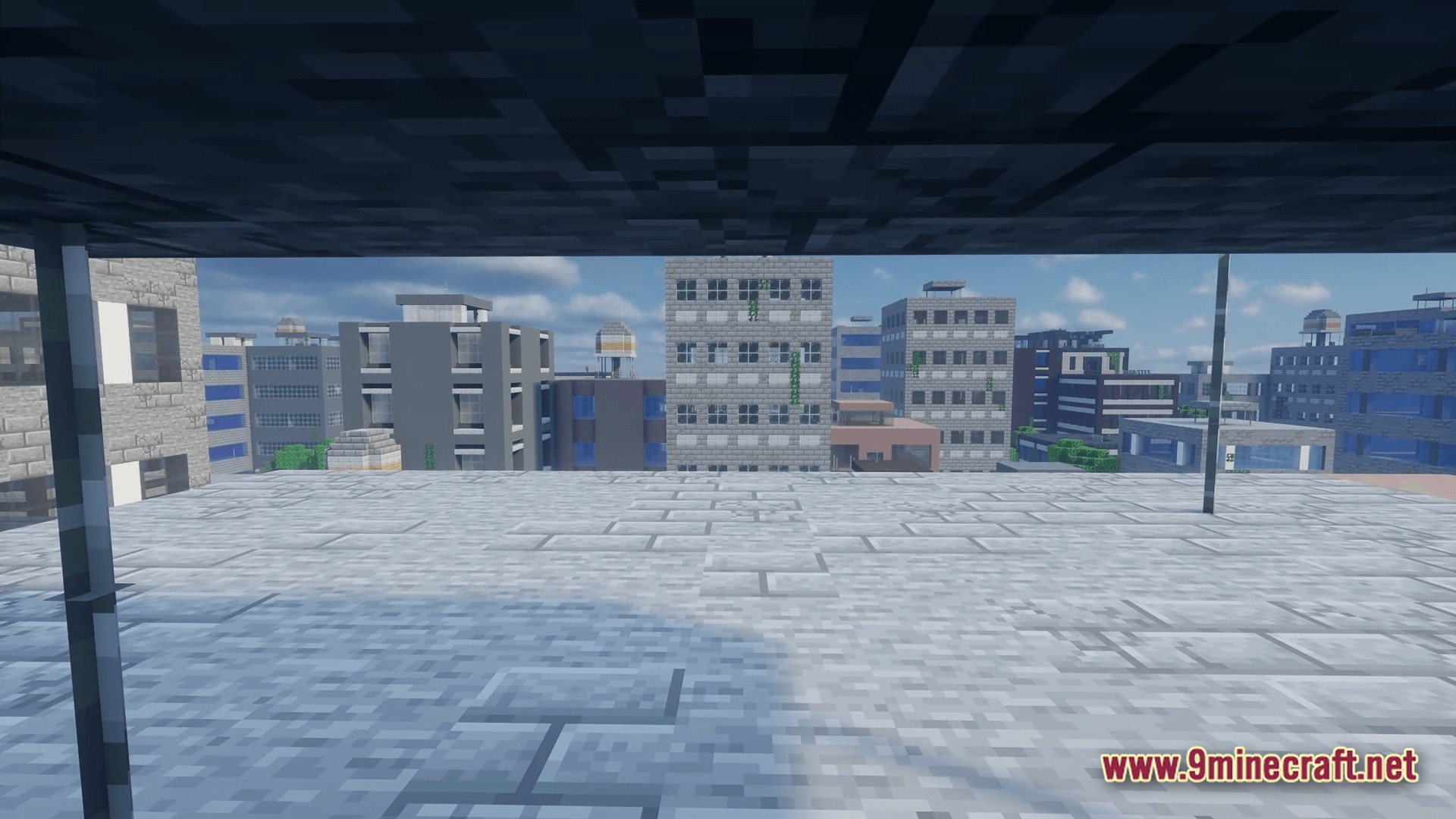 From The Fog Modpack Screenshot 9 A view of various stone and concrete skyscrapers from a rooftop in a Minecraft city