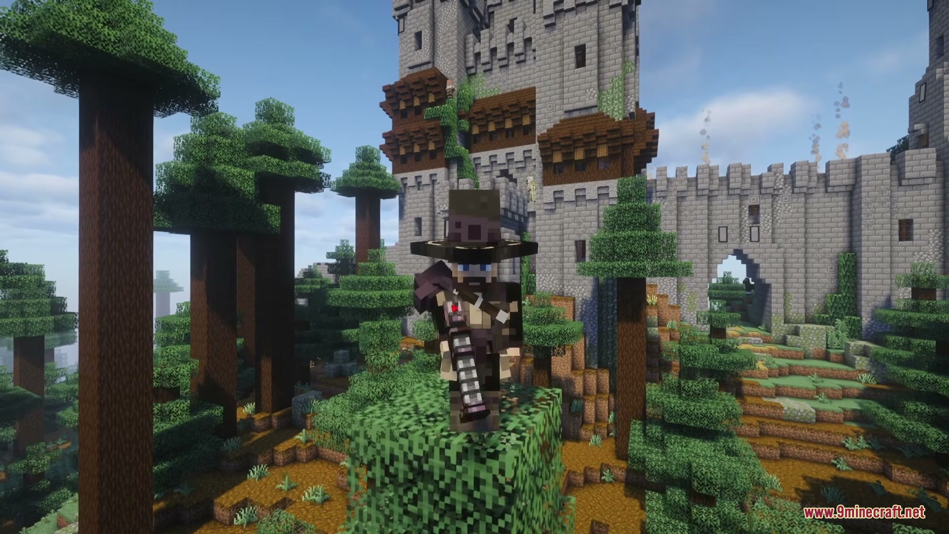 Frontier Armaments Mod Screenshot 1 A player wearing Frontier Armaments Mod gear holds a flintlock firearm near a castle