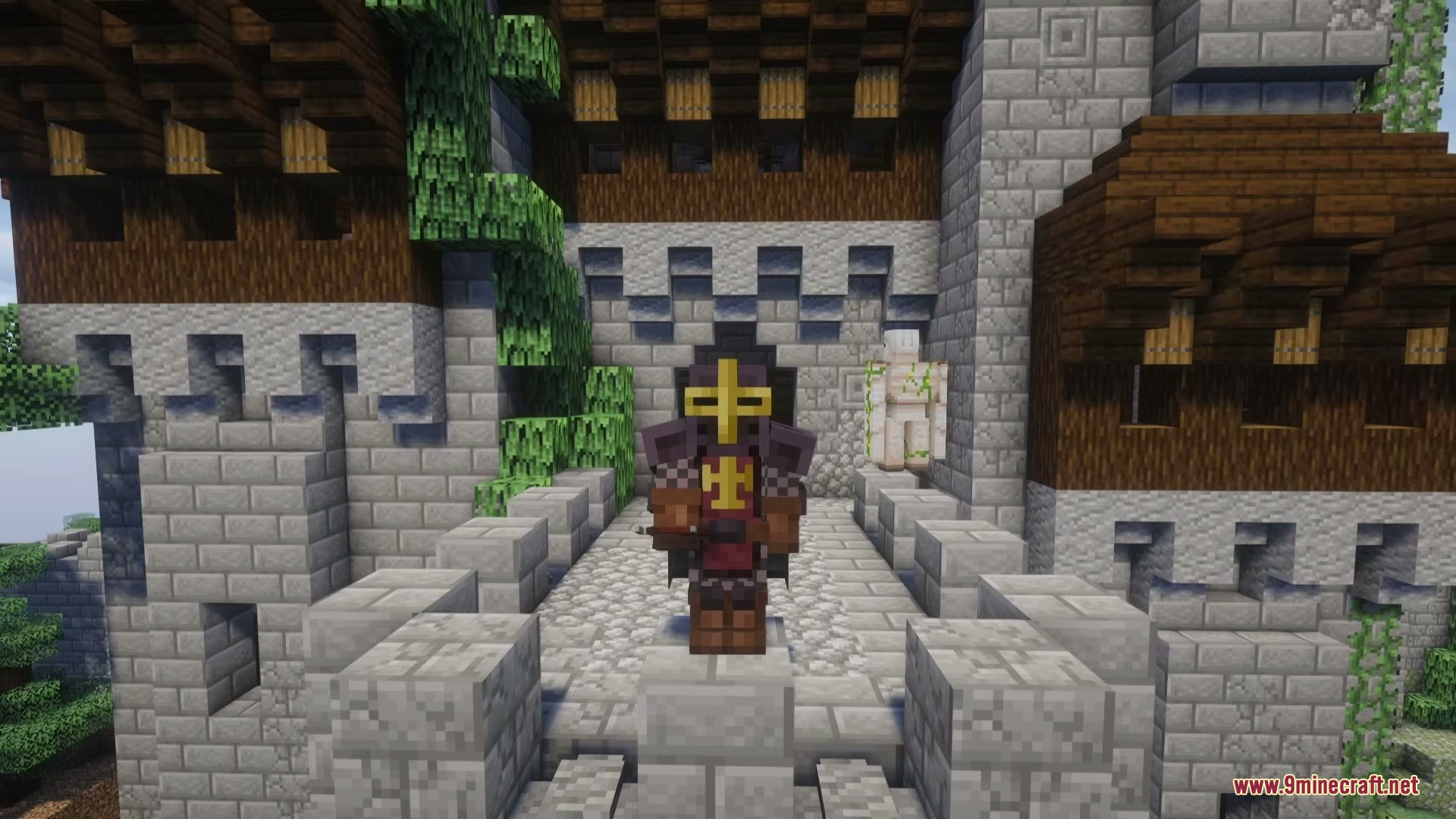 Frontier Armaments Mod Screenshot 2 A character wearing heavy frontier armor stands beside an Iron Golem