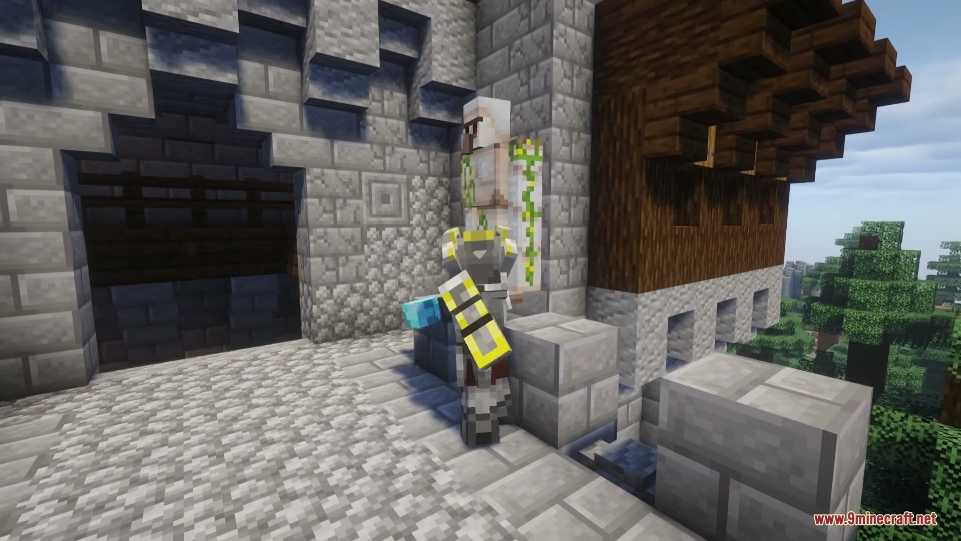 Frontier Armaments Mod Screenshot 3 Player wearing Frontier Armaments armor stands next to an Iron Golem near a castle