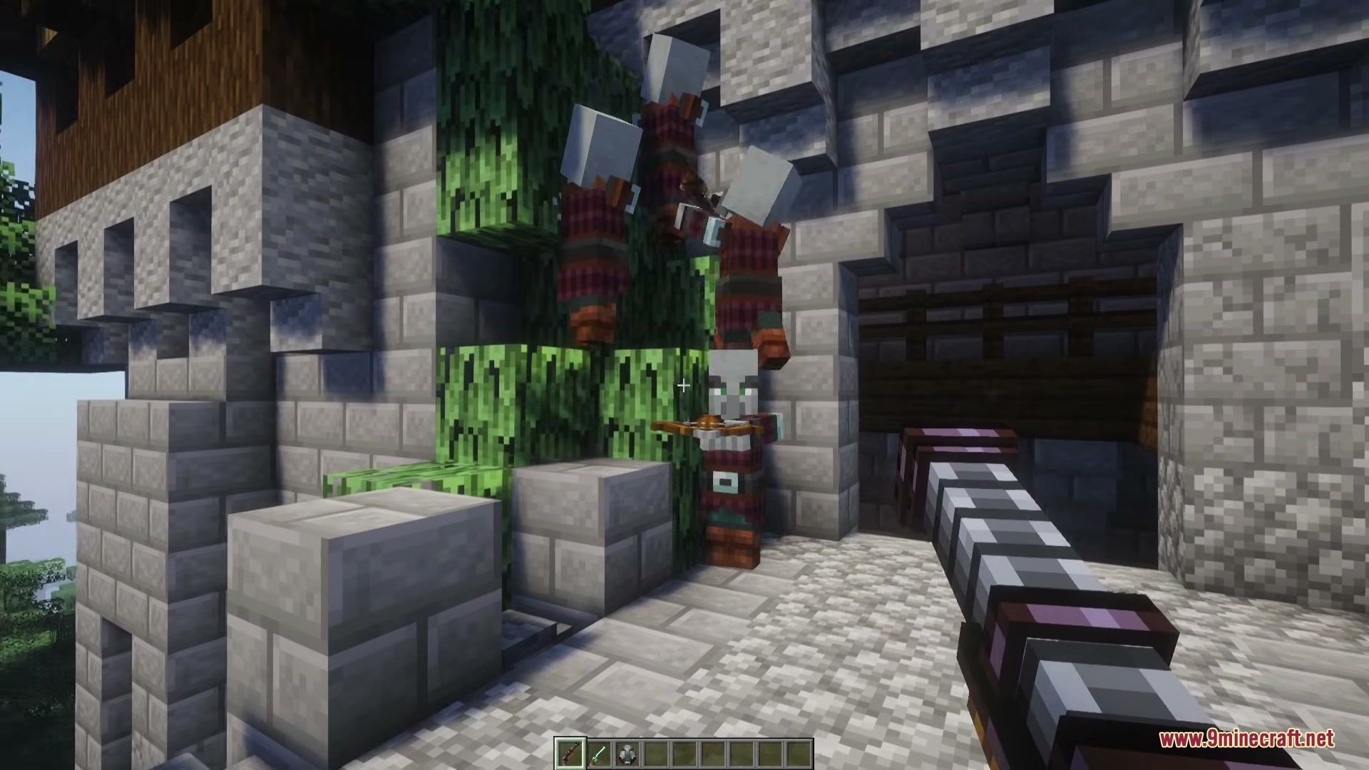 Frontier Armaments Mod Screenshot 4 A player aims a Firecannon at a group of Pillagers in a fortress