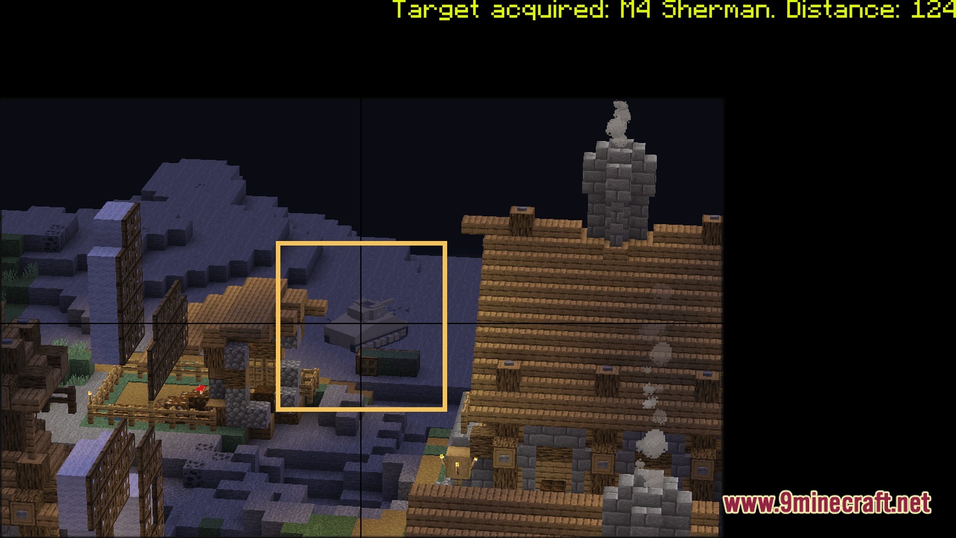 Frontier Combat Engine Modpack Screenshot 2 An M4 Sherman tank is targeted through a crosshair interface near a wooden village house