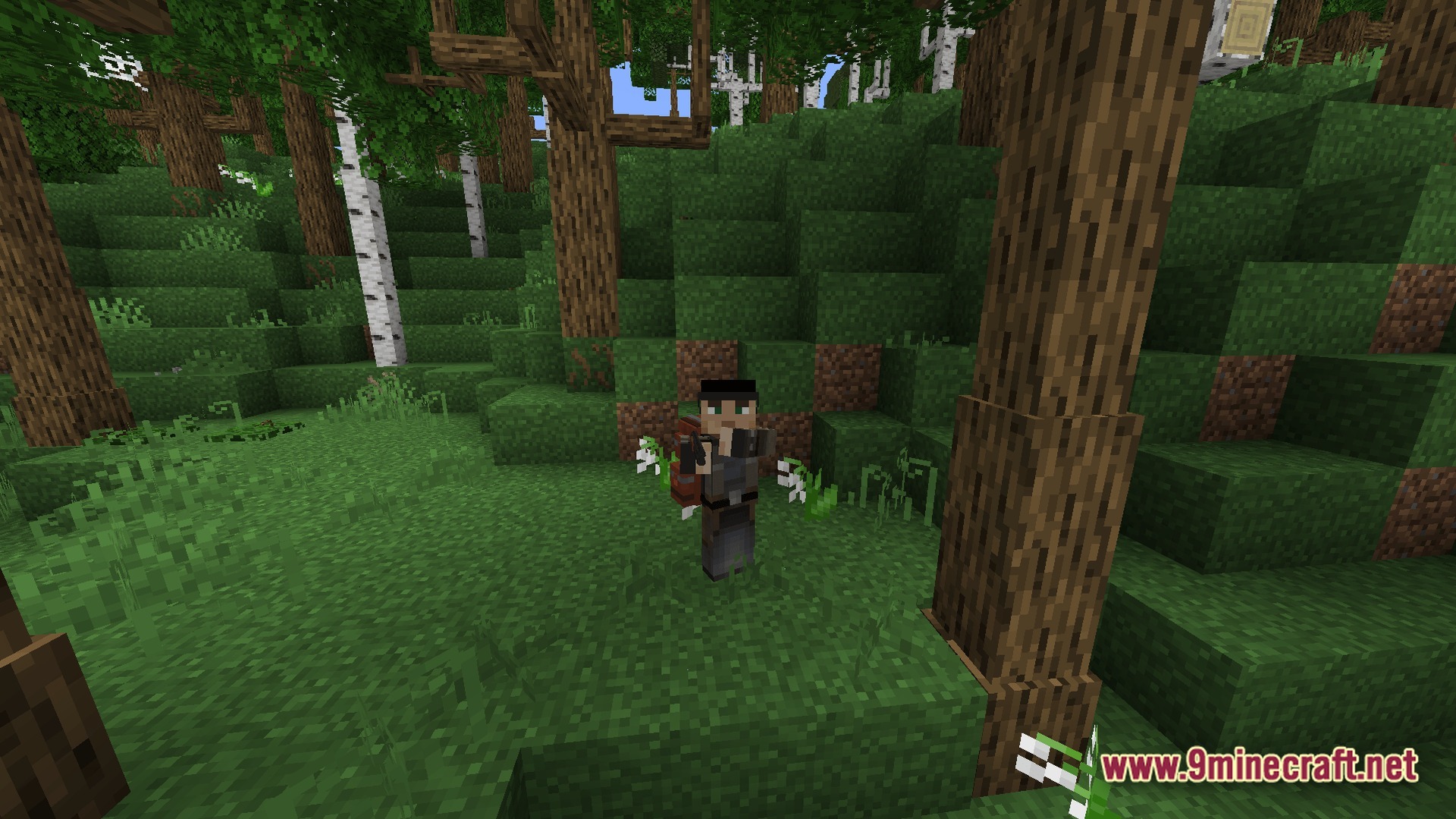 Frontier Combat Engine Modpack Screenshot 3 A player character wearing a backpack and hat stands in a dense birch and oak forest