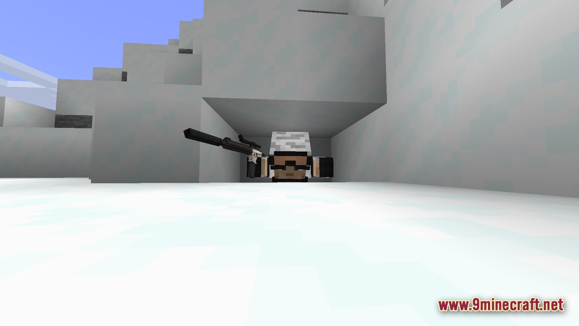 Frontier Combat Engine Modpack Screenshot 4 A player character in a prone position aims a scoped rifle from a snowy crevice