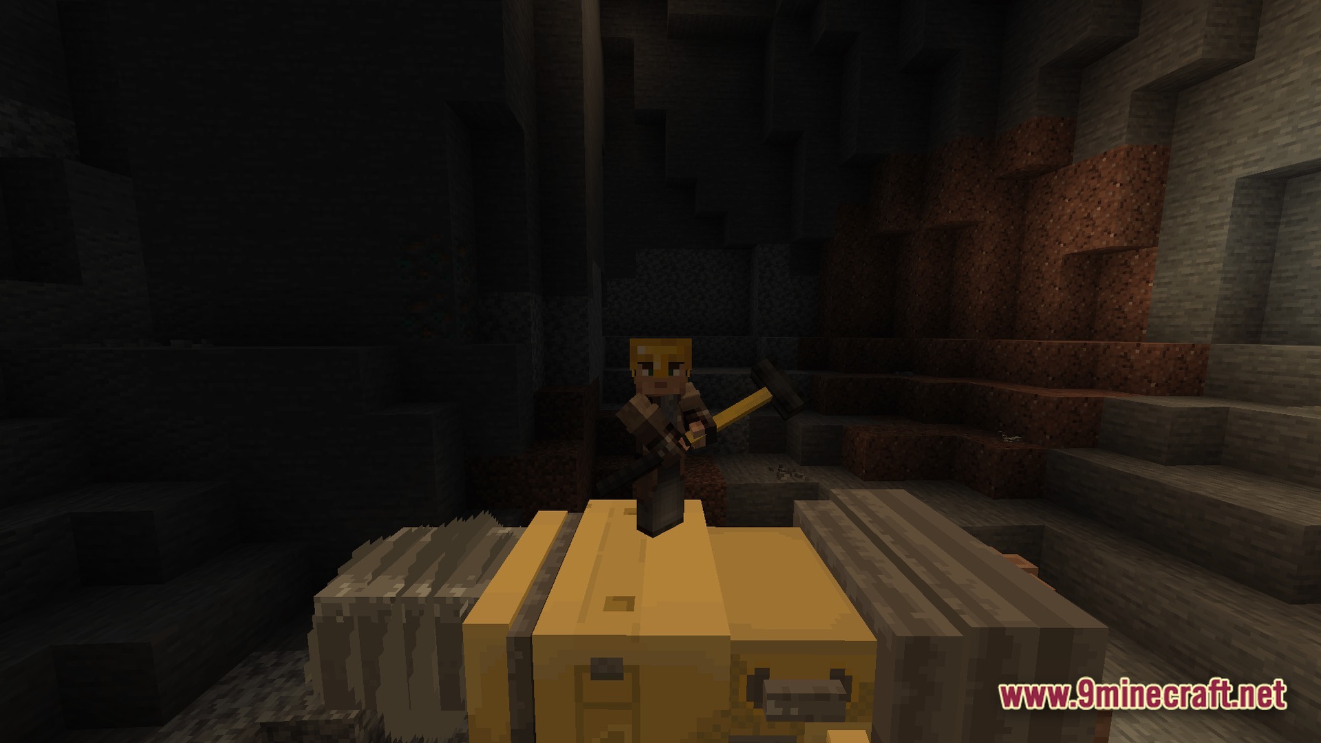 Frontier Combat Engine Modpack Screenshot 6 A player character wearing a helmet and holding a hammer stands atop a yellow mining machine