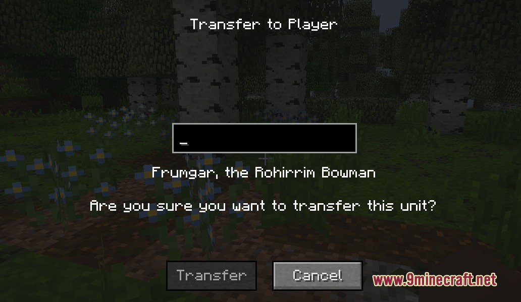A player transfers a Rohirrim Bowman unit to another player in Minecraft