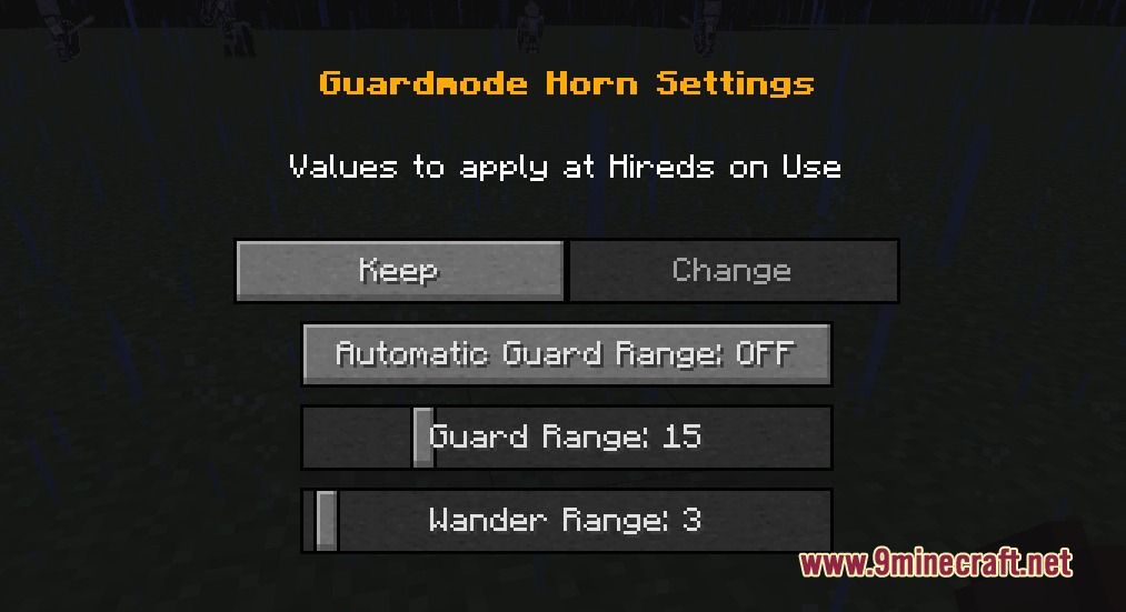The Guardnode Horn Settings menu for managing hired unit behavior in Minecraft