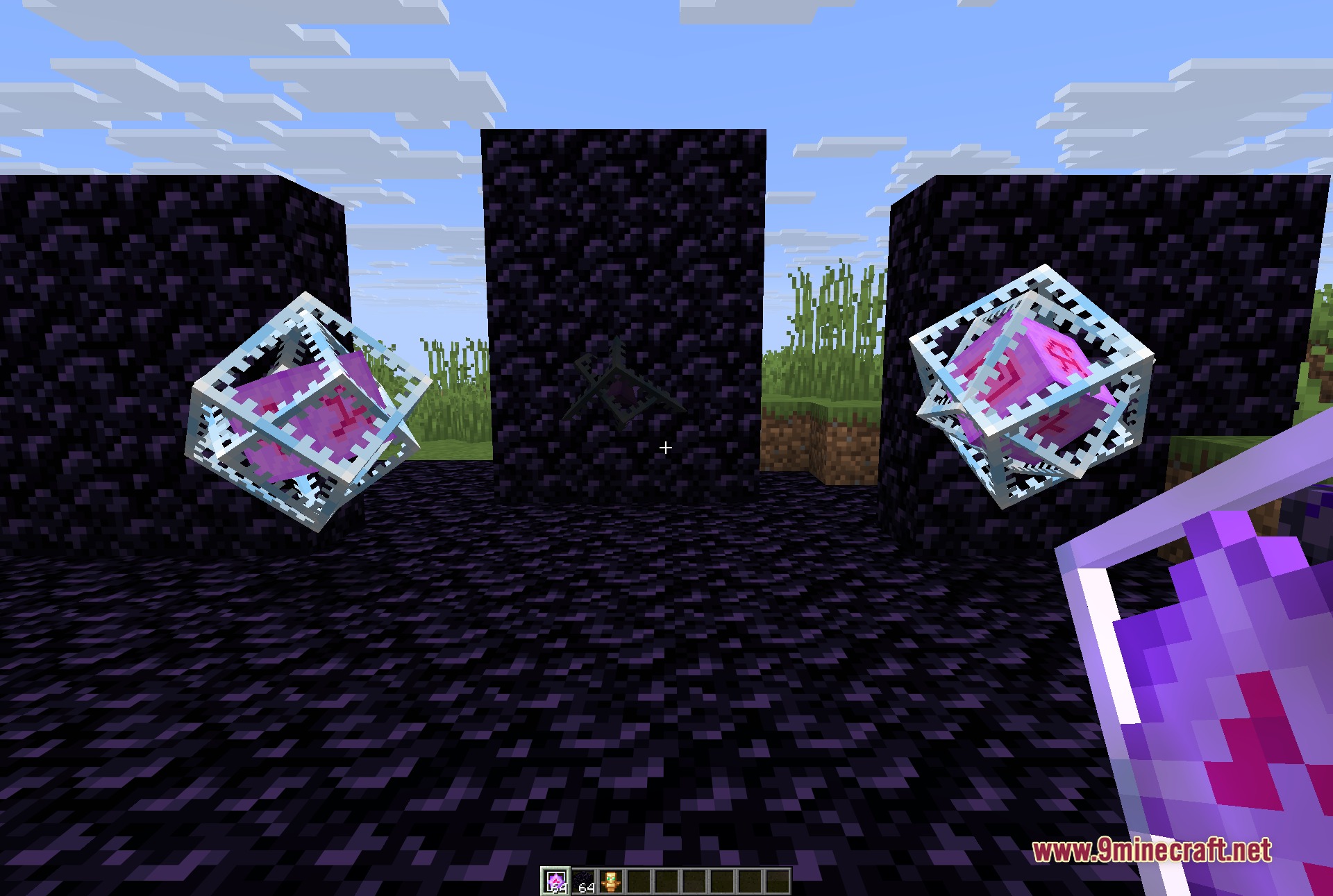 Frost Client Mod Screenshot 1 End crystals placed on obsidian blocks in a grassy Minecraft landscape
