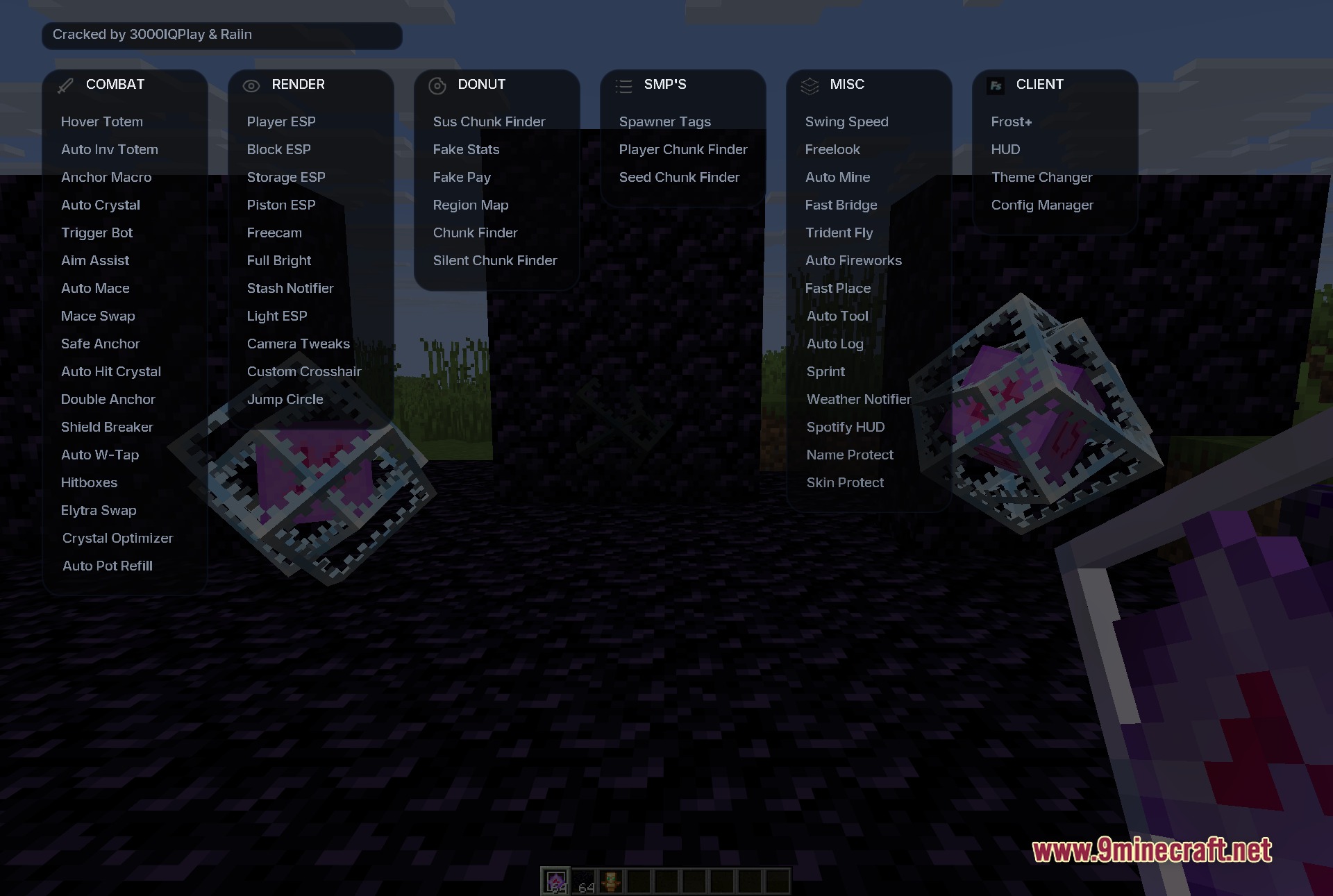 Frost Client Mod Screenshot 2 Frost Client interface showing various combat and utility modules for Minecraft gameplay