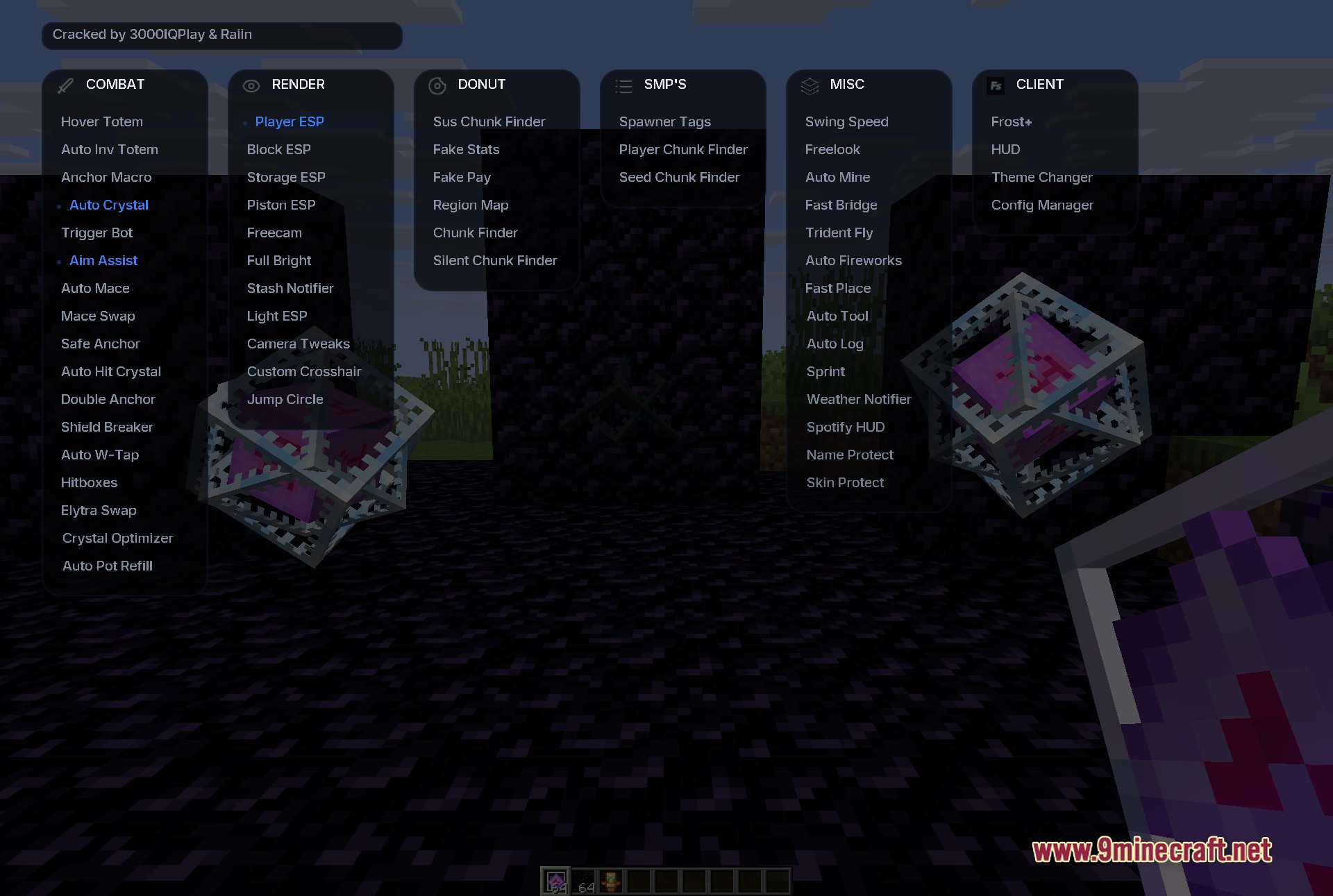 Frost Client Mod Screenshot 5 Frost Client menu showing combat and utility modules over a dark background