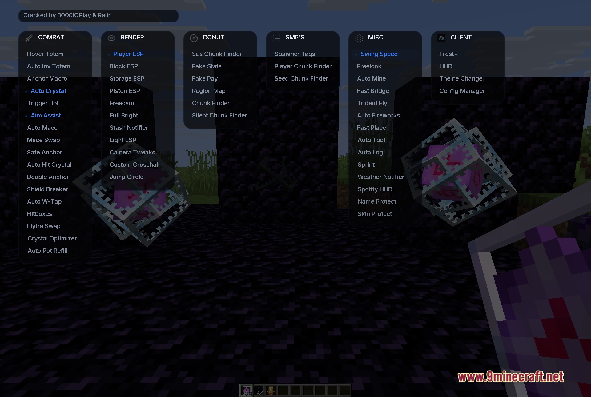 Frost Client Mod Screenshot 6 Detailed module interface for a Minecraft utility client showing various cheat categories