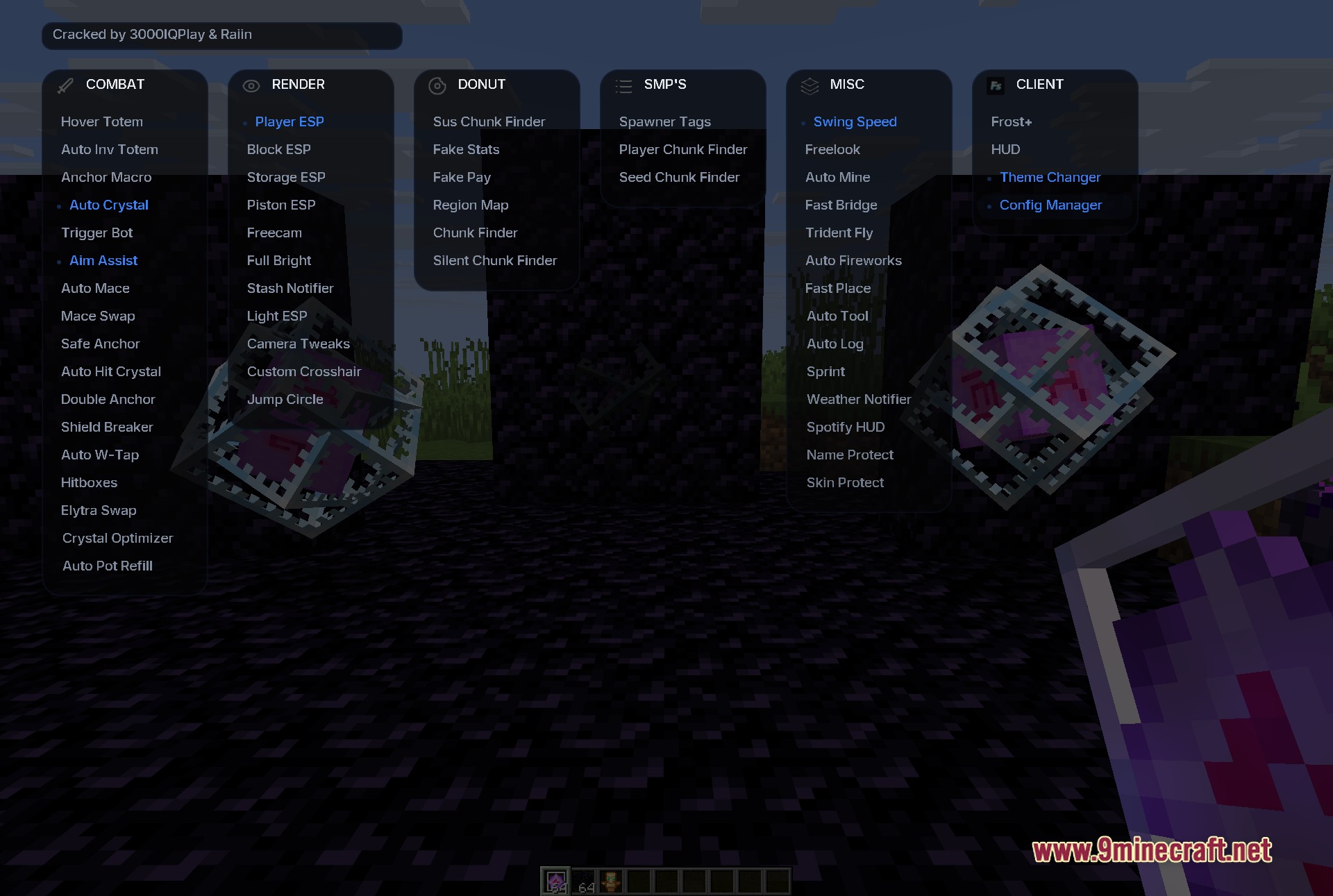 Frost Client Mod Screenshot 8 Minecraft user interface showing various combat and utility modules for anarchy servers
